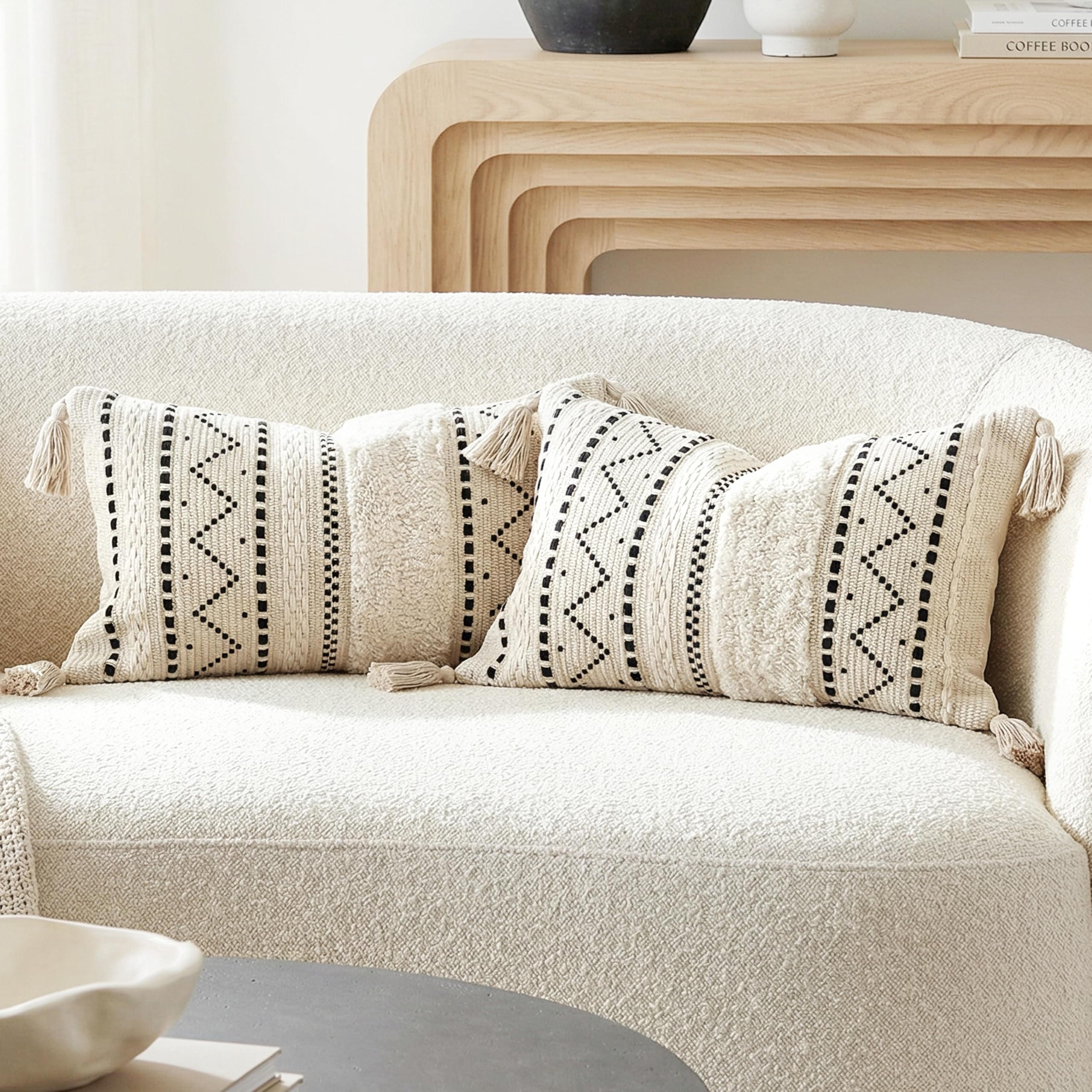 BlissBlush Decorative Throw Pillow Covers 18x18 Combo Set of 2 Square Boho Black Neutral Accent Pillowcase Tassels Farmhouse Cushion for Couch Sofa Bedroom Living Room Home Décor Cover ONLY
