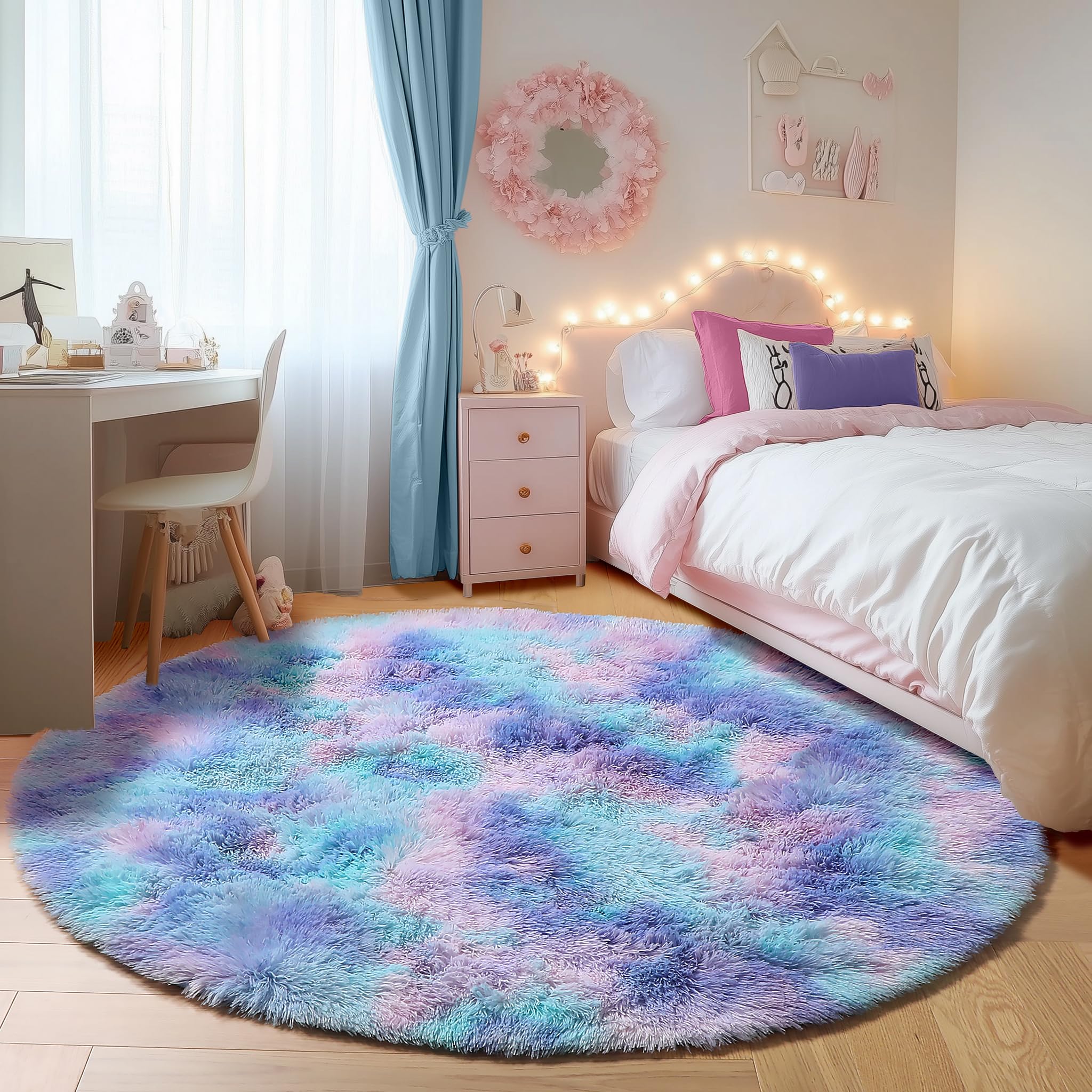 ONASAR Tie-Dyed Dark Grey Round Area Rugs 5ft, Ultra Soft Bedroom Circle Rug for Kids Girls Teen Room, Fluffy Plush Shaggy Carpet Floor Mats for Baby Nursery Living Room Playroom Home Decor