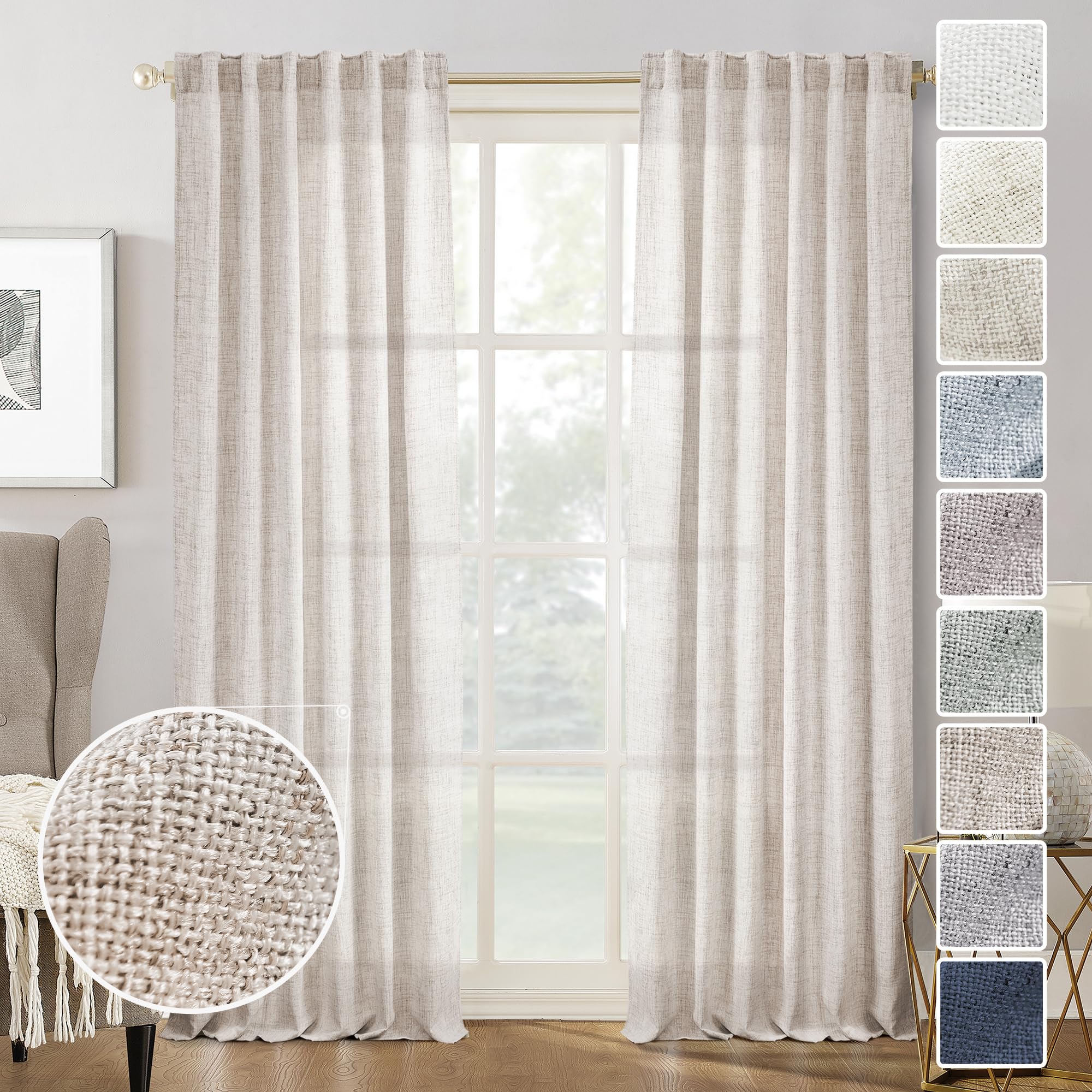 Natural Linen Back Tab Curtains 92 inch Long 2 Panels Set for Living Room Semi Sheer Light Filtering Window Drape Neutral Country Farmhouse Boho Curtains for Bedroom Cream Beige