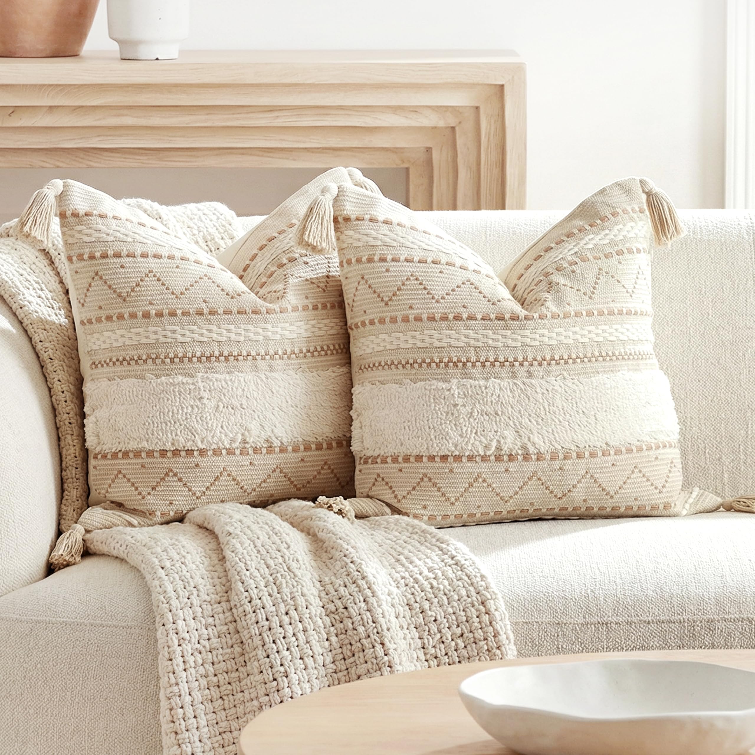 BlissBlush Decorative Throw Pillow Covers 18x18 Combo Set of 2 Square Boho Black Neutral Accent Pillowcase Tassels Farmhouse Cushion for Couch Sofa Bedroom Living Room Home Décor Cover ONLY