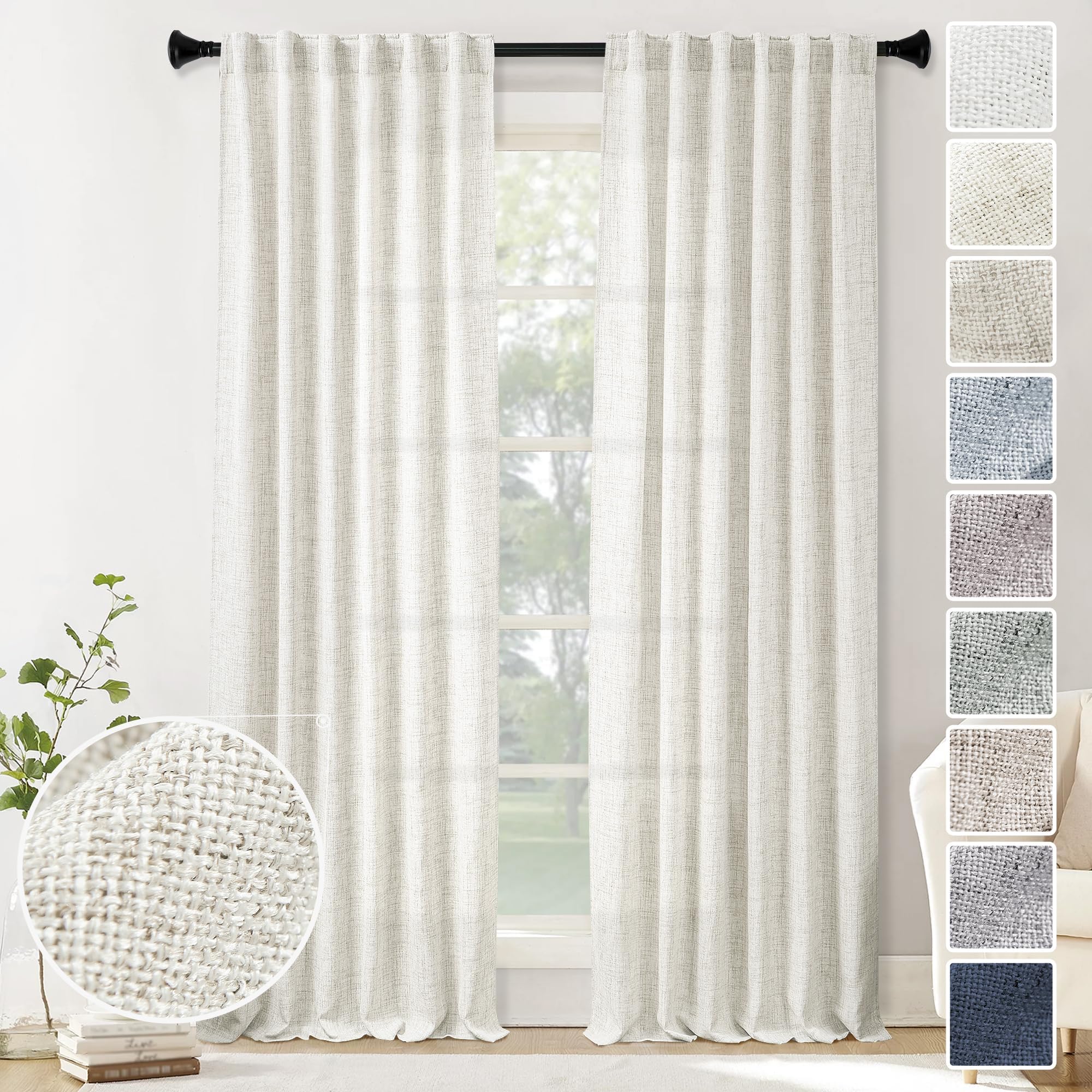 Natural Linen Back Tab Curtains 92 inch Long 2 Panels Set for Living Room Semi Sheer Light Filtering Window Drape Neutral Country Farmhouse Boho Curtains for Bedroom Cream Beige