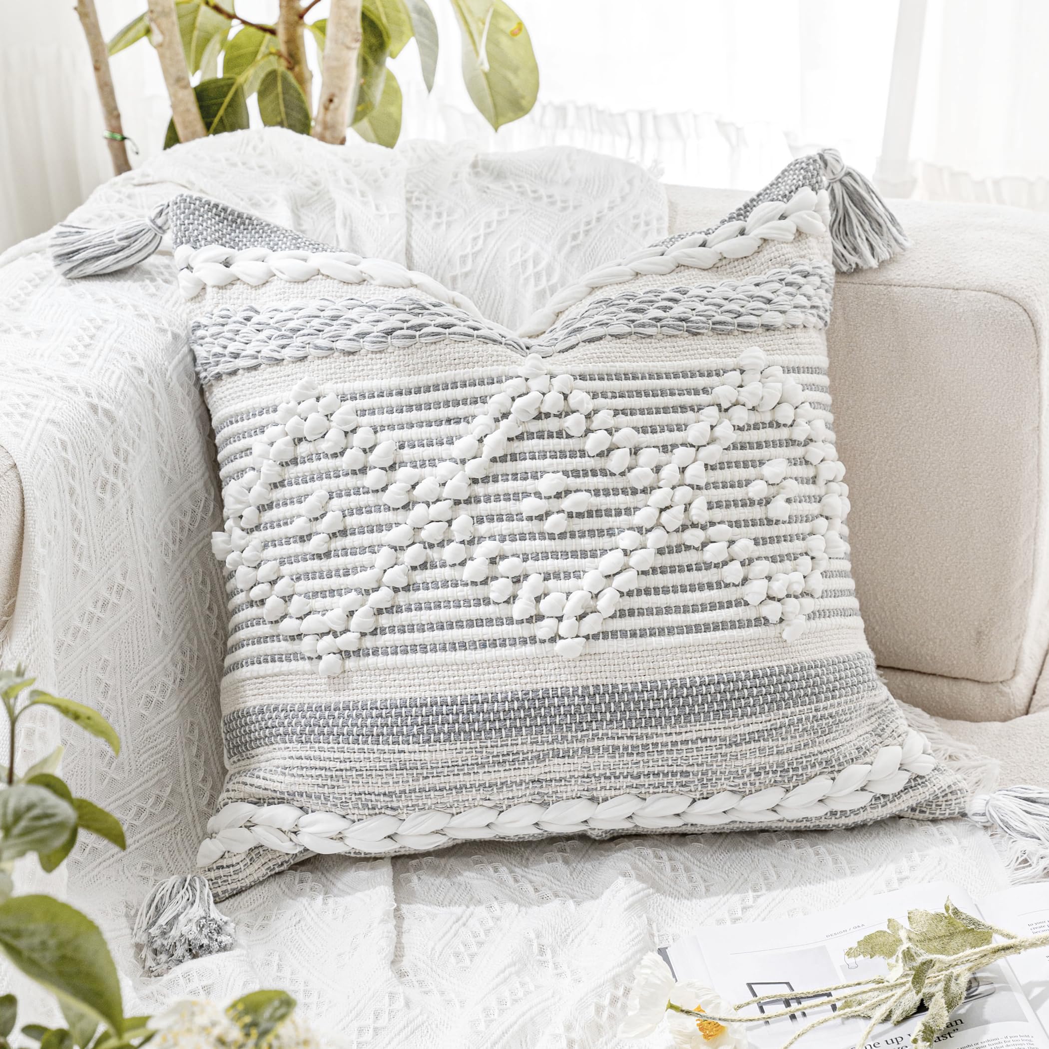BlissBlush Gray Decorative Throw Pillow Cover 20X20, Boho Accent Pillow for Couch, Square Modern Farmhouse Pillowcase for Living Room Couch Sofa Cushion Home Décor (Pack of 1)