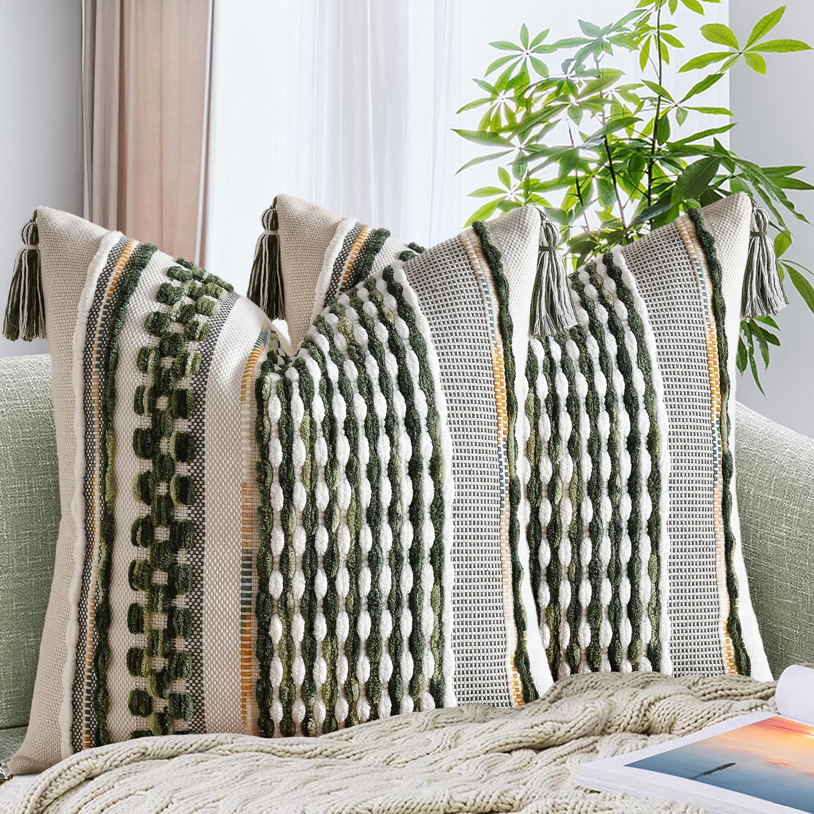 AmHoo Set of 2 Chenille Striped Tufted Textured Boho Throw Pillow Covers Aesthetic with Tassels Woven Decorative Pillow Case for Couch Bed Sofa Bedroom Modern Funky 18 x 18-Inch Brown White