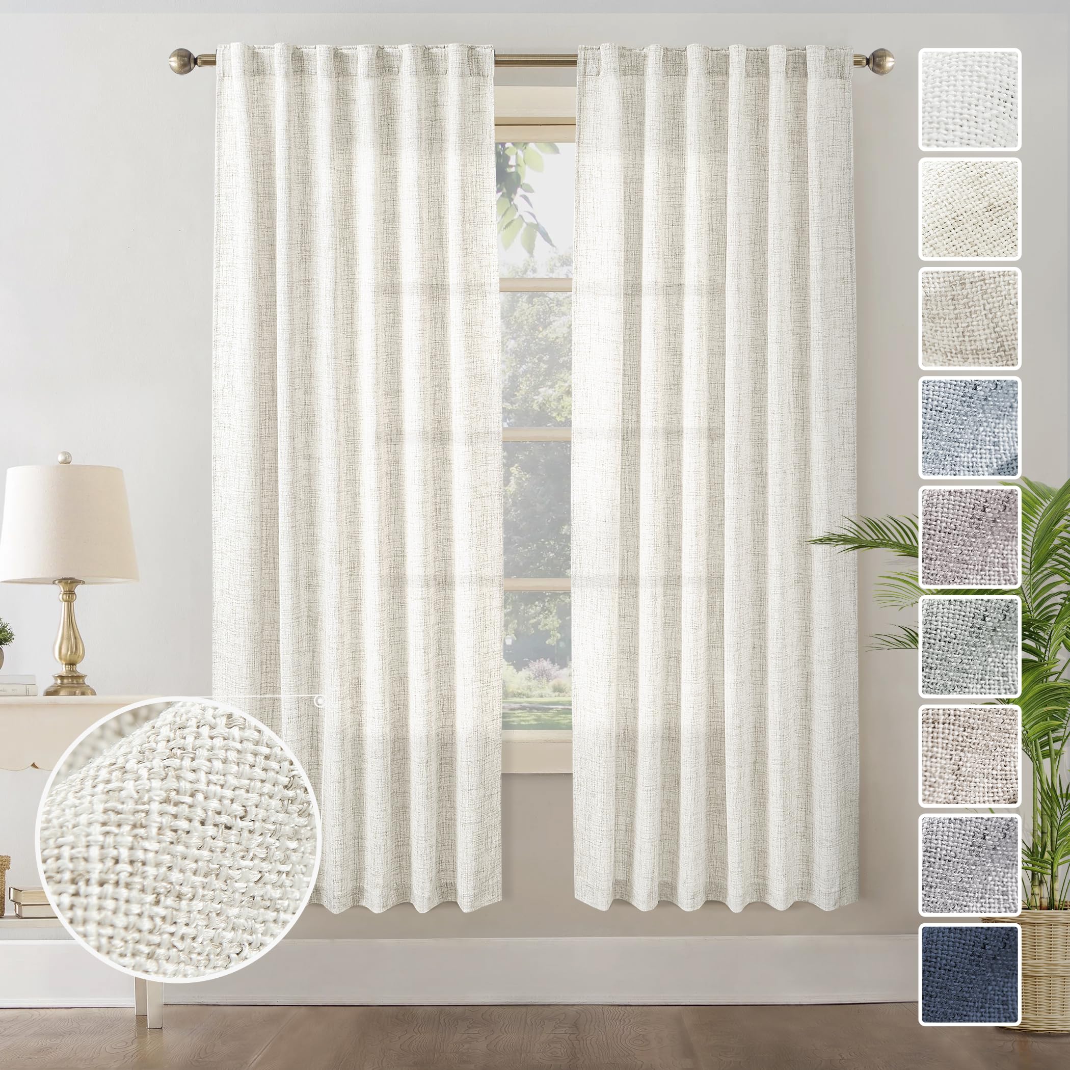 Natural Linen Back Tab Curtains 92 inch Long 2 Panels Set for Living Room Semi Sheer Light Filtering Window Drape Neutral Country Farmhouse Boho Curtains for Bedroom Cream Beige