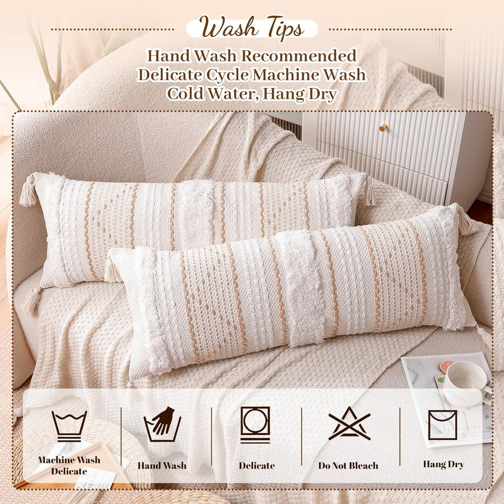 14×36" Beige Tufted Lumbar Pillow Cover with Tassels