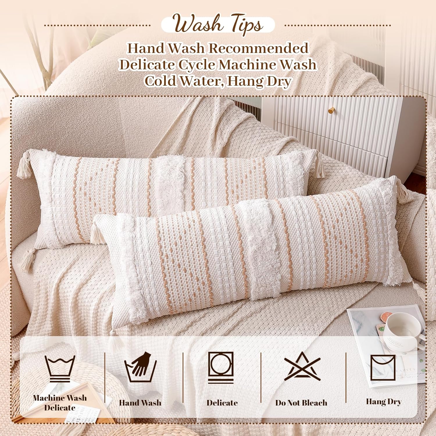 14×36" Beige Tufted Lumbar Pillow Cover with Tassels