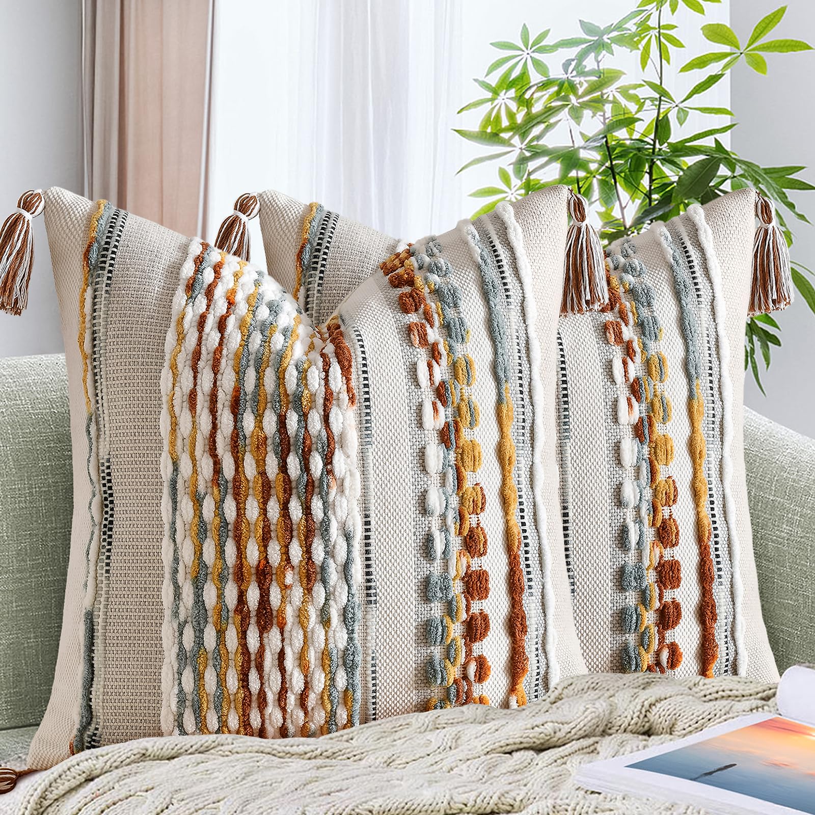 AmHoo Set of 2 Chenille Striped Tufted Textured Boho Throw Pillow Covers Aesthetic with Tassels Woven Decorative Pillow Case for Couch Bed Sofa Bedroom Modern Funky 18 x 18-Inch Brown White