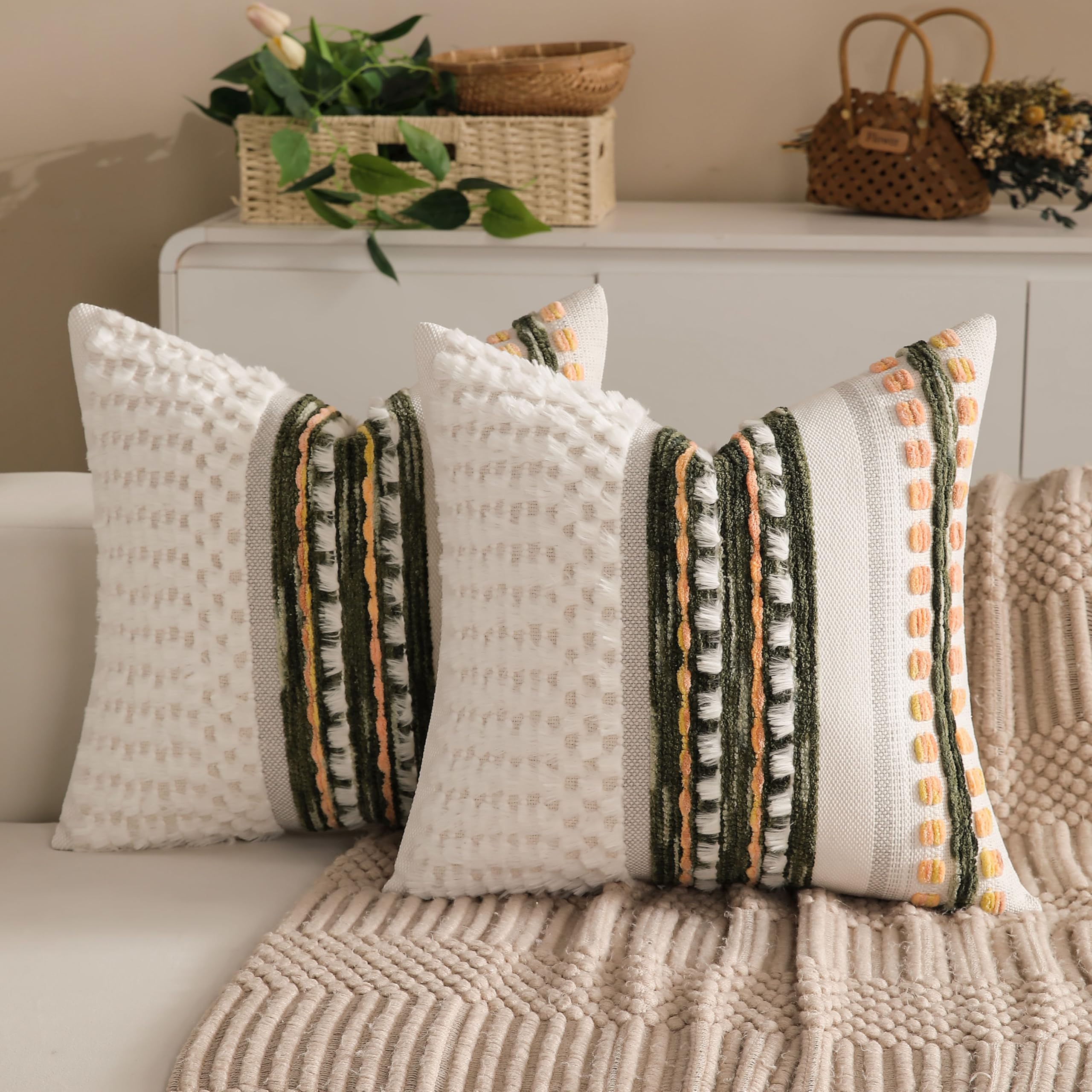 Boho Chenille Tufted Couch Throw Pillow Covers 18x18 Inch Set of 2 Farmhouse Striped Decorative Pillow Covers Accent Neutral Pillowcase Teal Cushion Cover for Living Room Sofa Bed