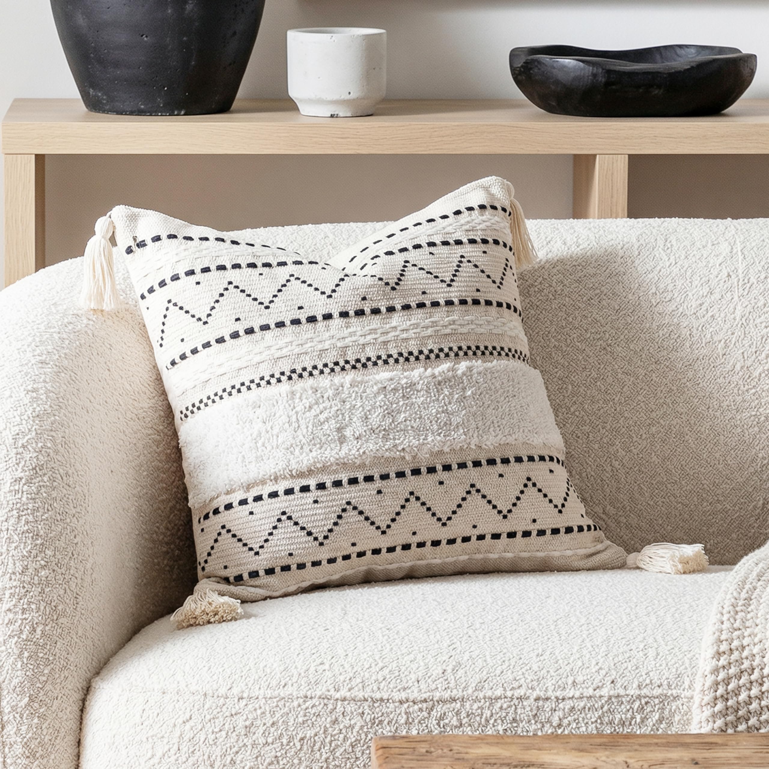 BlissBlush Decorative Throw Pillow Covers 18x18 Combo Set of 2 Square Boho Black Neutral Accent Pillowcase Tassels Farmhouse Cushion for Couch Sofa Bedroom Living Room Home Décor Cover ONLY