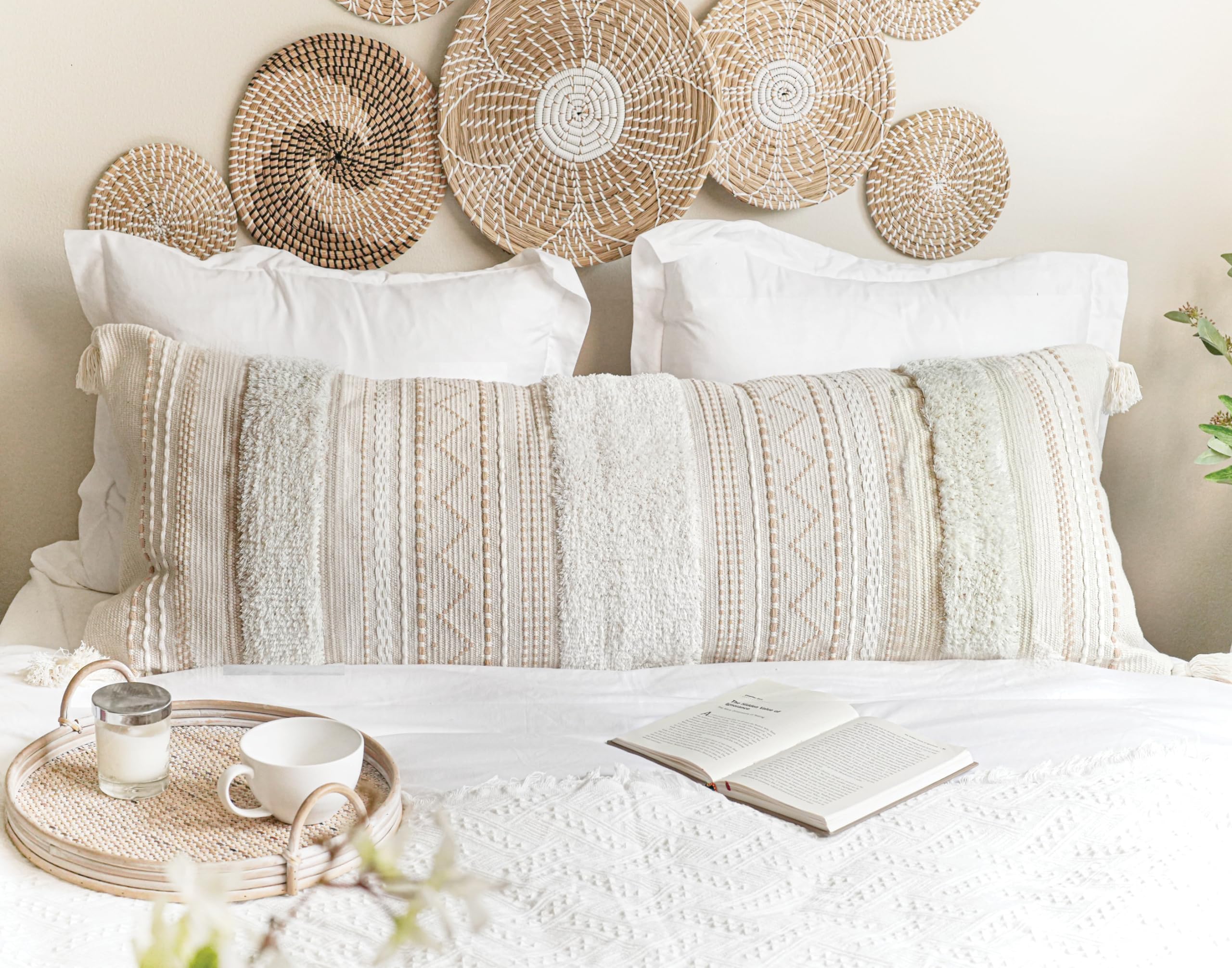 BlissBlush Decorative Throw Pillow Covers 18x18 Combo Set of 2 Square Boho Black Neutral Accent Pillowcase Tassels Farmhouse Cushion for Couch Sofa Bedroom Living Room Home Décor Cover ONLY