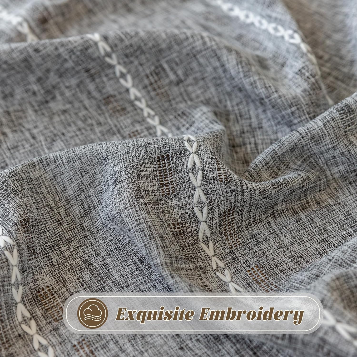 Dark Grey Boho Curtains for Living Room 84 inch Long 2 Panels, Chic Embroidered Semi Sheer Linen Farmhouse Light Filtering Drapes For Bedroom Privacy Striped Tassel Bohemian Window Decor,W52xL84