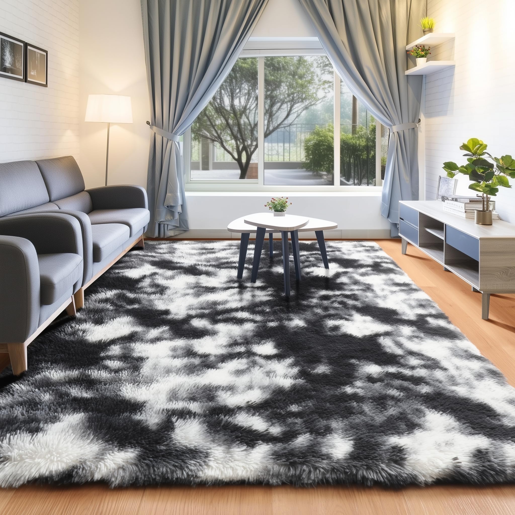 ONASAR Tie-Dyed Dark Grey Round Area Rugs 5ft, Ultra Soft Bedroom Circle Rug for Kids Girls Teen Room, Fluffy Plush Shaggy Carpet Floor Mats for Baby Nursery Living Room Playroom Home Decor