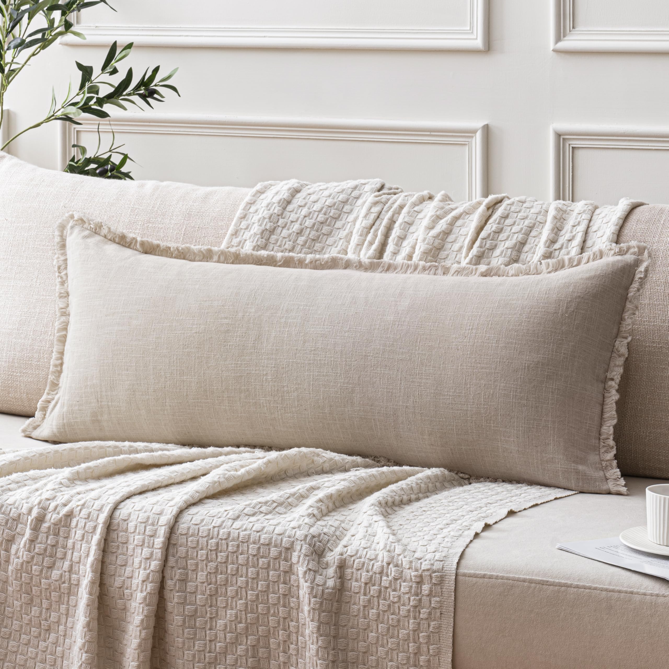ANRODUO Set of 2 Decorative Throw Pillow Covers 26×26 Inch Soft Linen Fringe Farmhouse Boho Vintage Cushion Covers with Tassels Accent Pillowcase for Couch Sofa Bed Living Room Summer Decor Cream