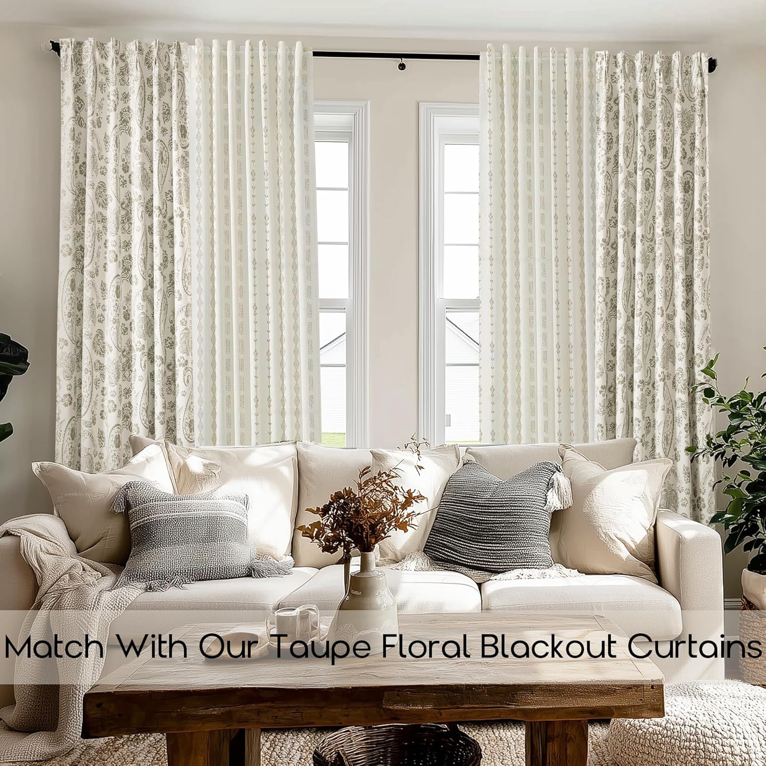 Linen Farmhouse Curtains for Living Room, Neutral Taupe Cream Light Filtering Boho Sheer Floral Patterned Curtains for Dining Room Bedroom 84 Inch Length 2 Panels Set