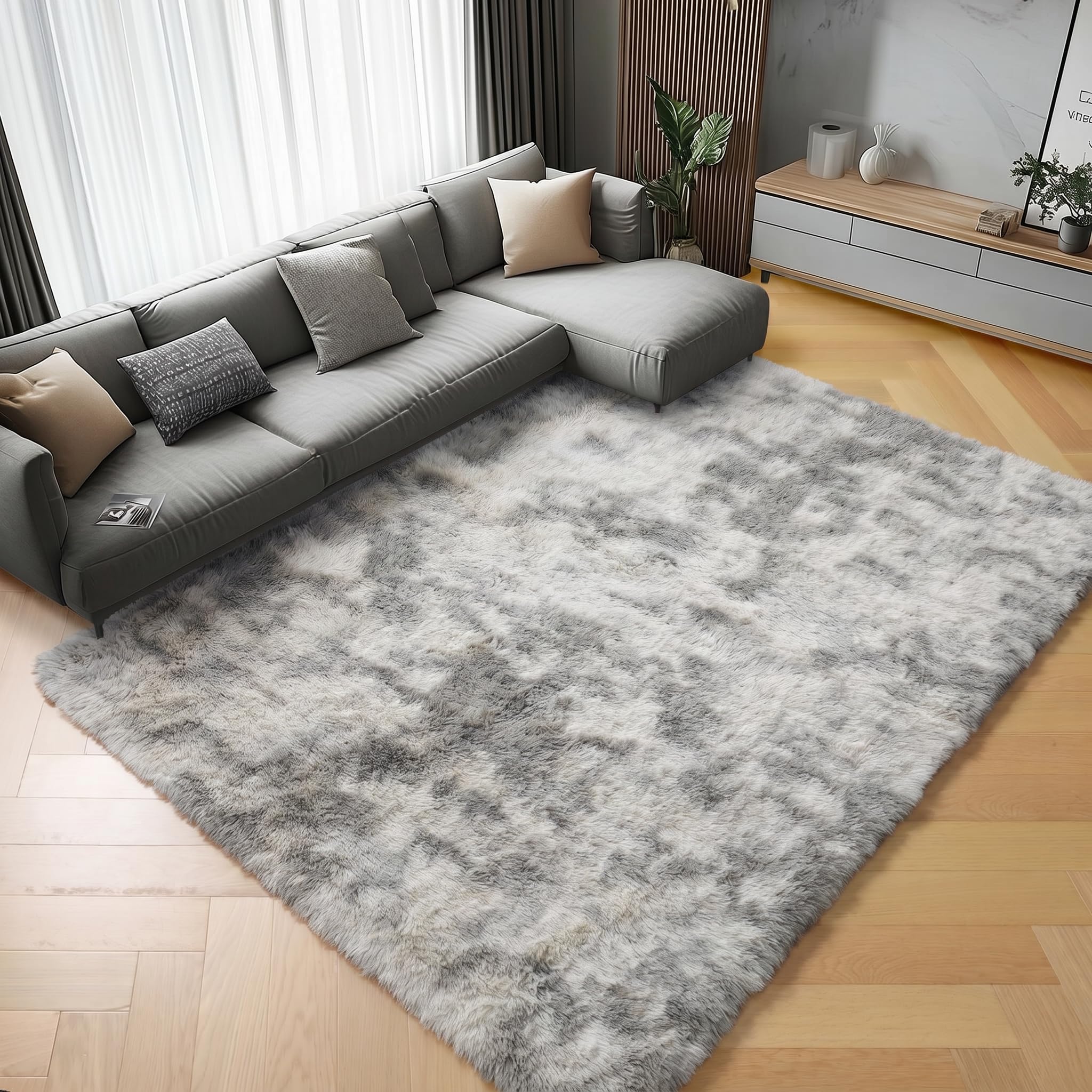 ONASAR Tie-Dyed Dark Grey Round Area Rugs 5ft, Ultra Soft Bedroom Circle Rug for Kids Girls Teen Room, Fluffy Plush Shaggy Carpet Floor Mats for Baby Nursery Living Room Playroom Home Decor