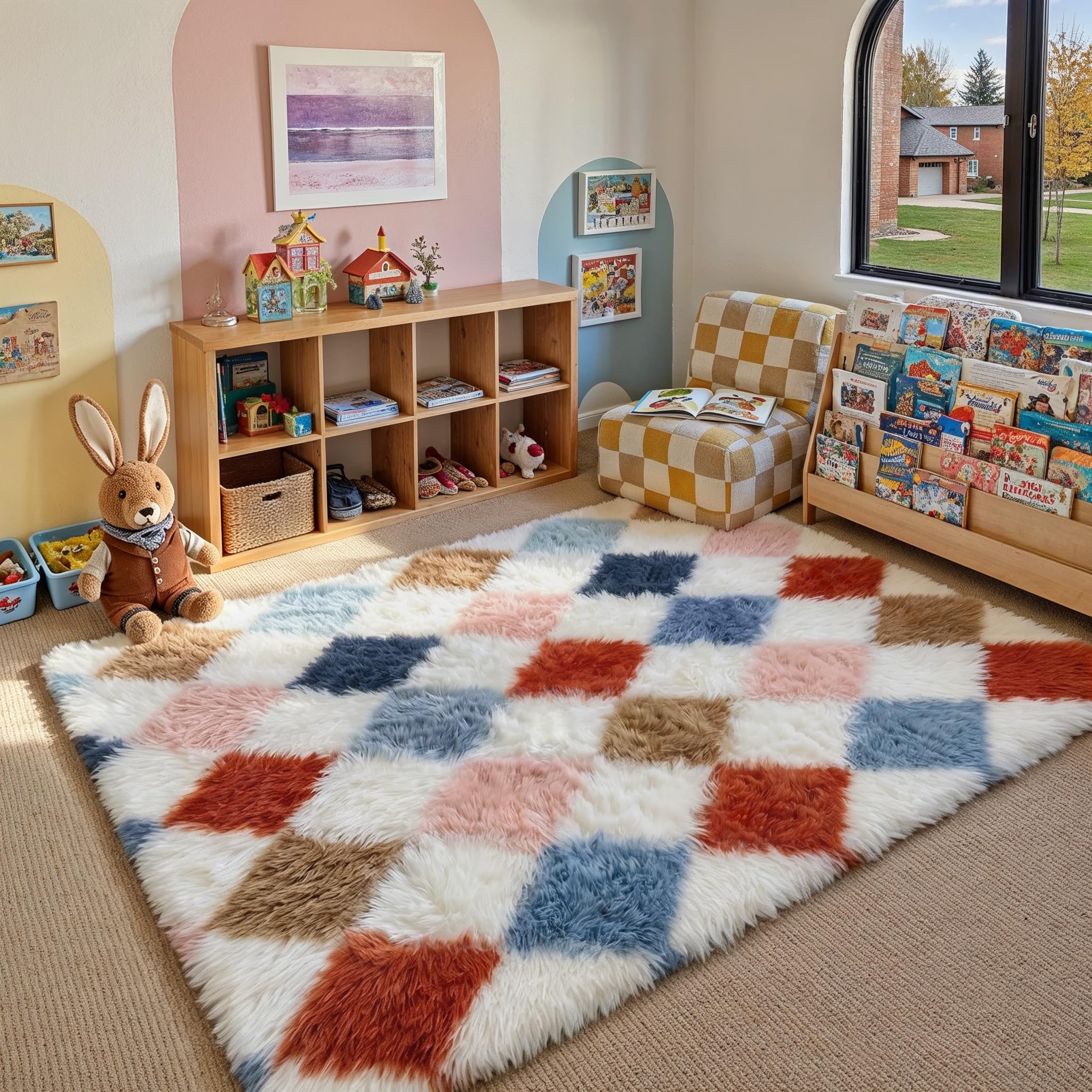 HUGEAR 8x10 Checkered Rug Coloful Living Room Modern Shag Rug Super Soft Washable Indoor Fuzzy Carpet Fluffy Vacuumable Rainbow Area Rugs for Bedroom Home Decor Non Slip