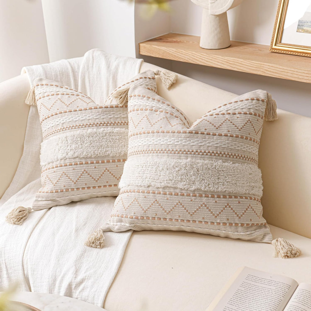 BlissBlush Decorative Throw Pillow Covers 20x20 Combo Set of 2 Square Cream Neutral White Boho Accent Pillowcase Tassels Farmhouse Cushion for Couch Sofa Bedroom Living Room Home Décor Cover ONLY