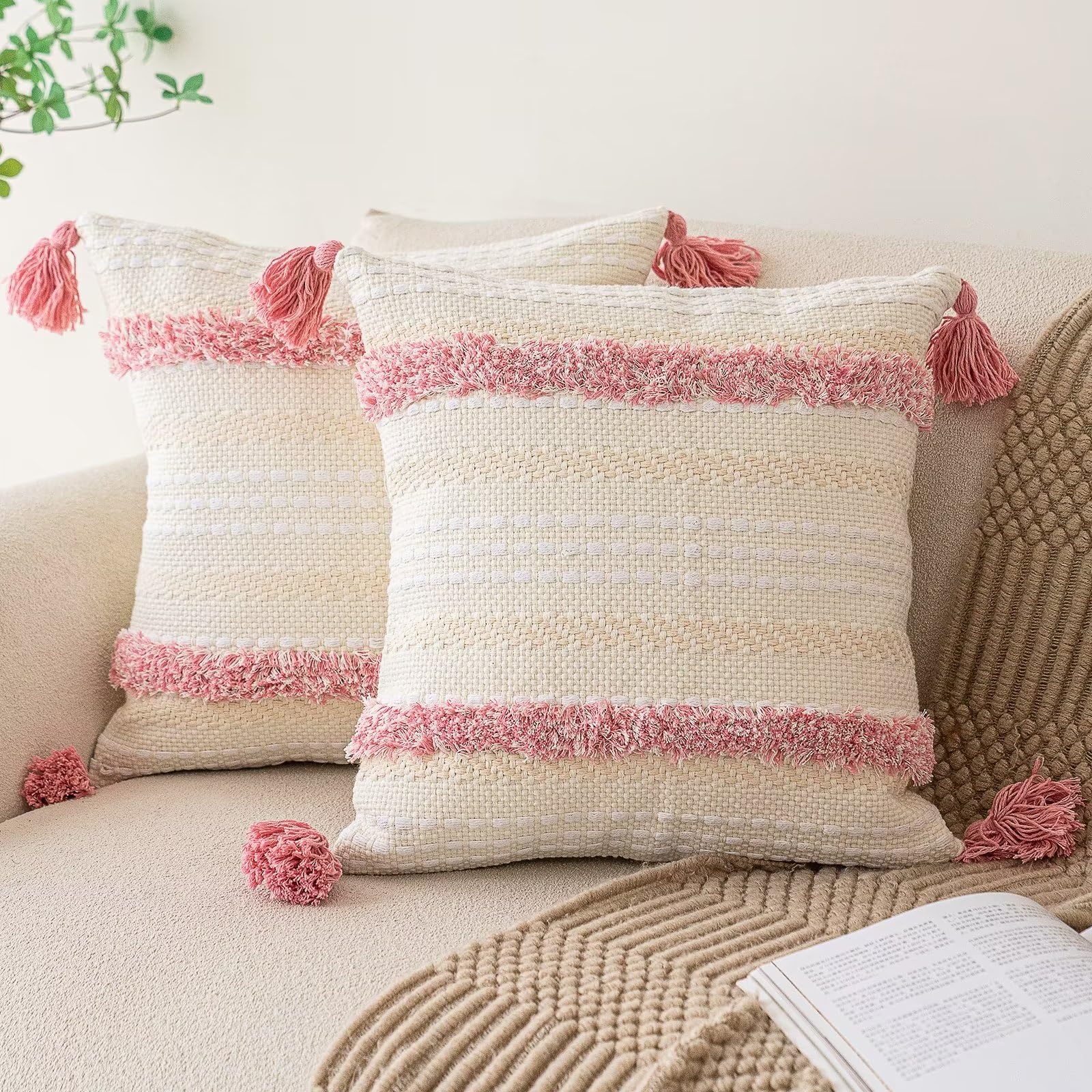 Boho Throw Pillow Covers 20x20 Set of 2 Woven Tufted Farmhouse Pillows Cover with Tassels Textured Striped Cushion Case Neutral Pillow Cases Decorative Pillowcase for Sofa, Couch, Bed, Dark Blue
