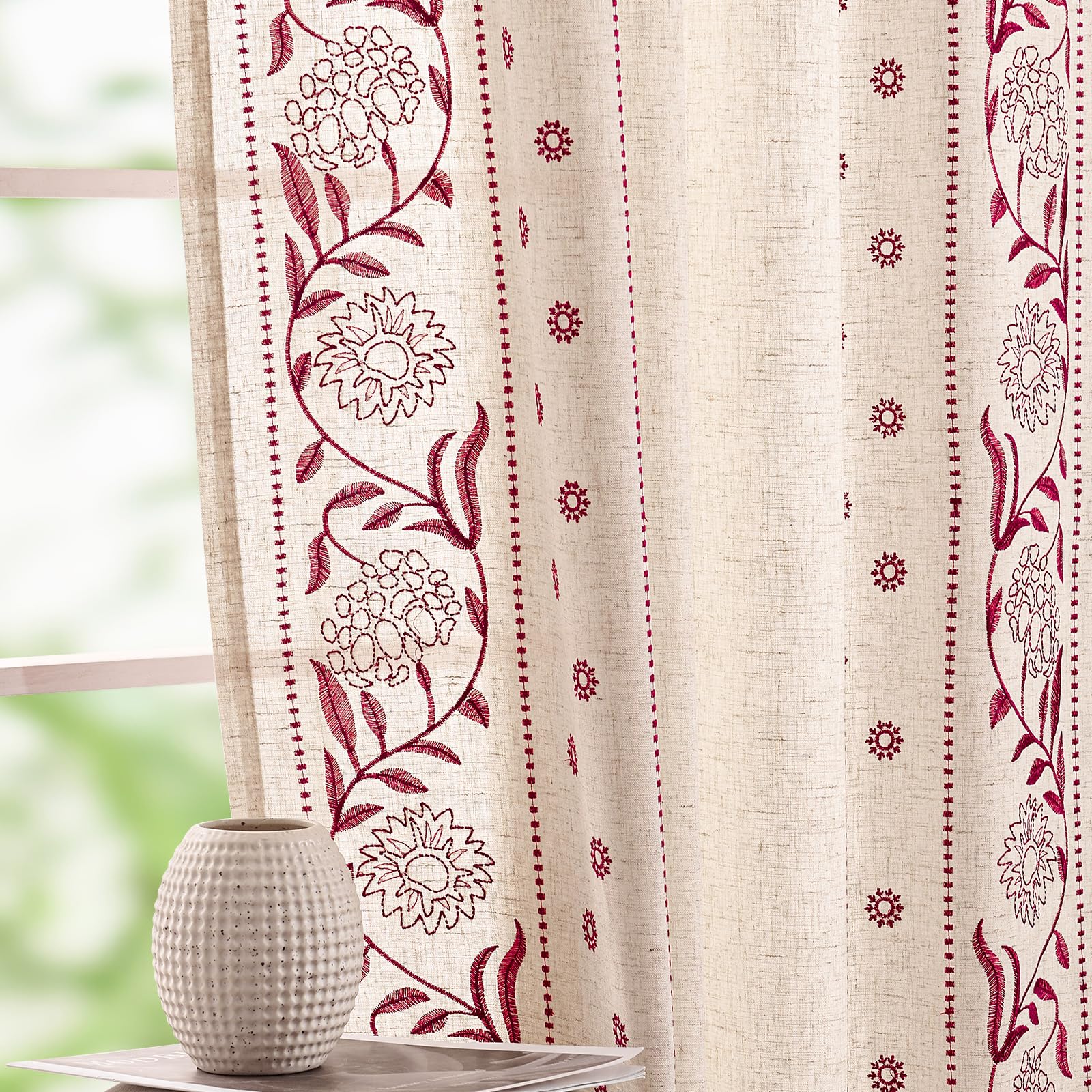 jinchan Winslow Linen Curtains for Bedroom 84 Inches Length Ivory on Taupe Embroidered Bordered Floral Curtains for Living Room Farmhouse Decor Light Filtering Window Treatments 2 Panels