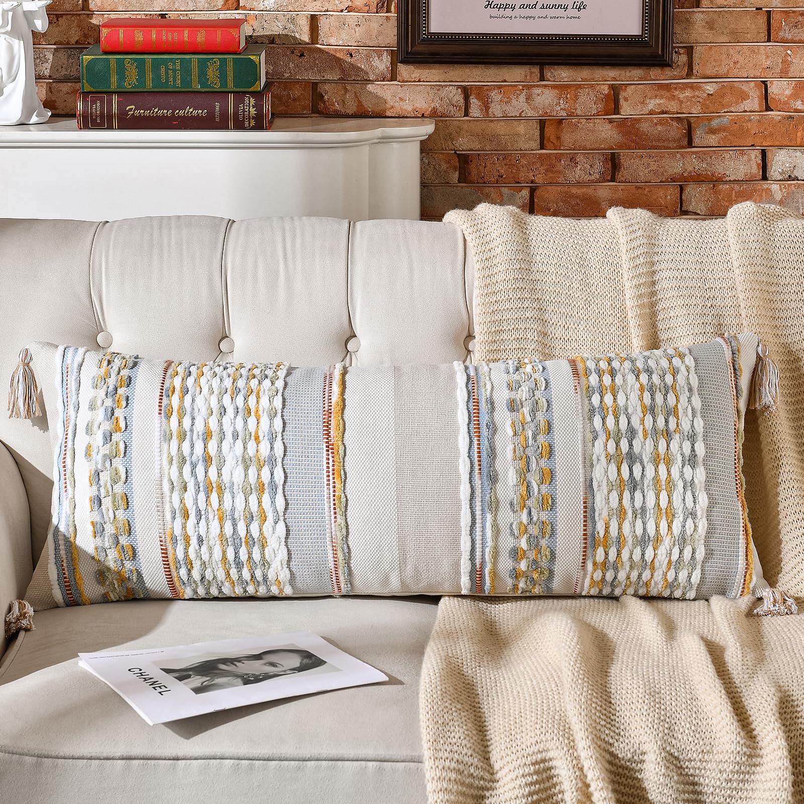 AmHoo Set of 2 Chenille Striped Tufted Textured Boho Throw Pillow Covers Aesthetic with Tassels Woven Decorative Pillow Case for Couch Bed Sofa Bedroom Modern Funky 18 x 18-Inch Brown White