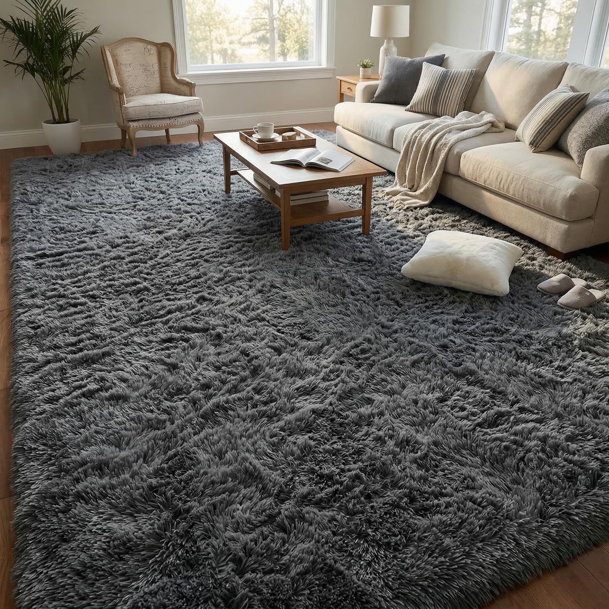 Fluffy 5x7 Area Rugs for Bedroom: Tie-dye White Grey Soft Shag Rug for Living Room, Large Fuzzy Plush Indoor Floor Carpet Non Slip Modern Rug for Nursery Boys Girls Kids Room Playroom Dorms Home Decor