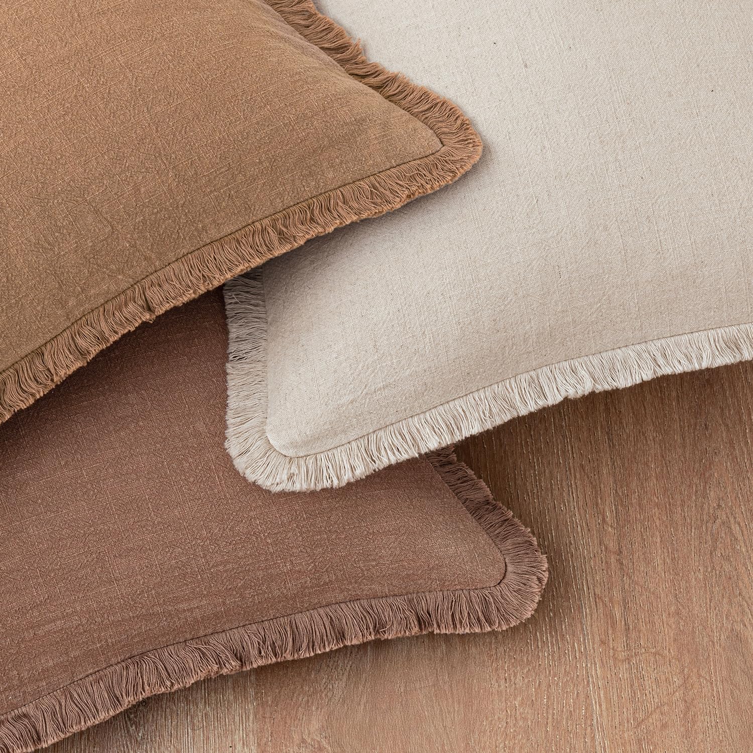 Decorative Linen Fringe Throw Pillow Covers Boho Farmhouse Soft Euro Accent Pillowcases with Tassels for Bed Couch Sofa Living Room Bedroom,24x24 Inch Set of 2,Brown