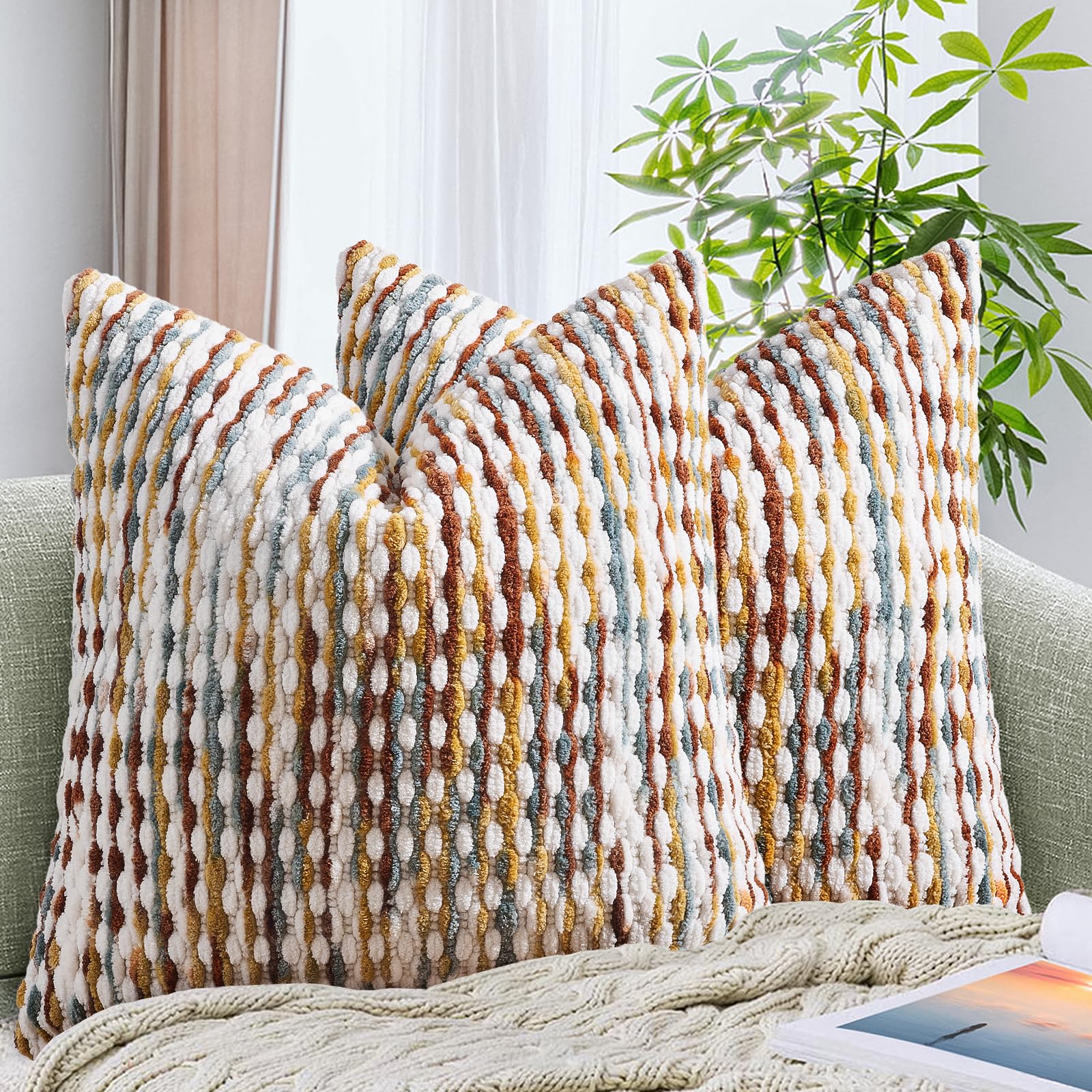 20×20 Inch Brown Boho Chenille Pillow Covers, Set of 2 Tufted Pillowcases for Home Decor