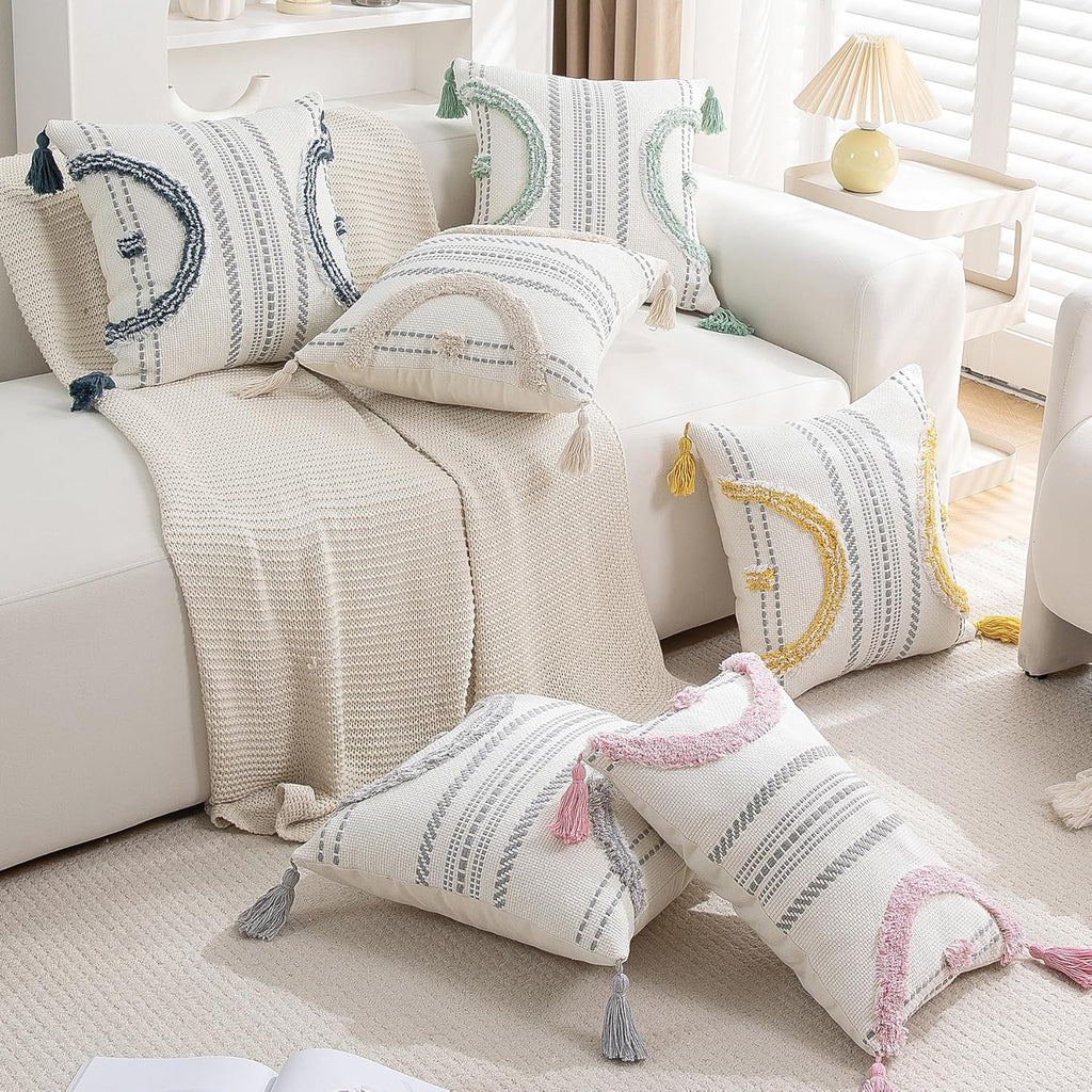 Boho Throw Pillow Covers 18x18 Set of 2 Cotton Woven Tufted Farmhouse Pillows Covers with Tassels Outdoor Neutral Navy Decorative Pillowcases Square Textured Accent Cushion Cases for Couch Bed Sofa