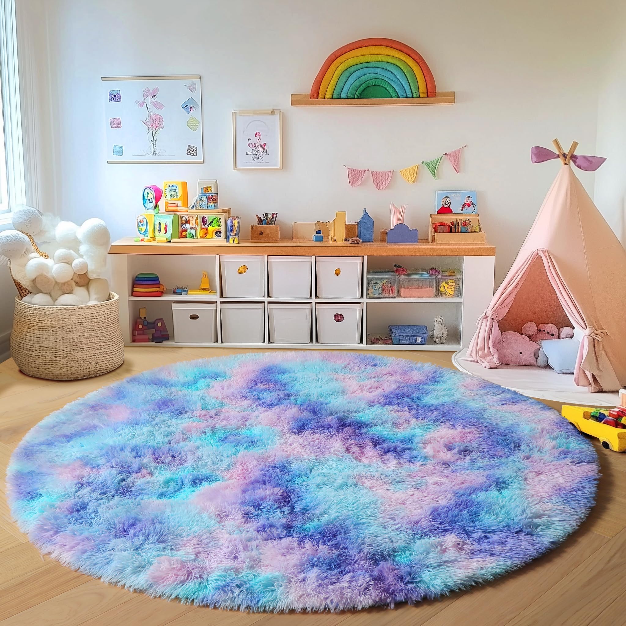 ONASAR Tie-Dyed Dark Grey Round Area Rugs 5ft, Ultra Soft Bedroom Circle Rug for Kids Girls Teen Room, Fluffy Plush Shaggy Carpet Floor Mats for Baby Nursery Living Room Playroom Home Decor