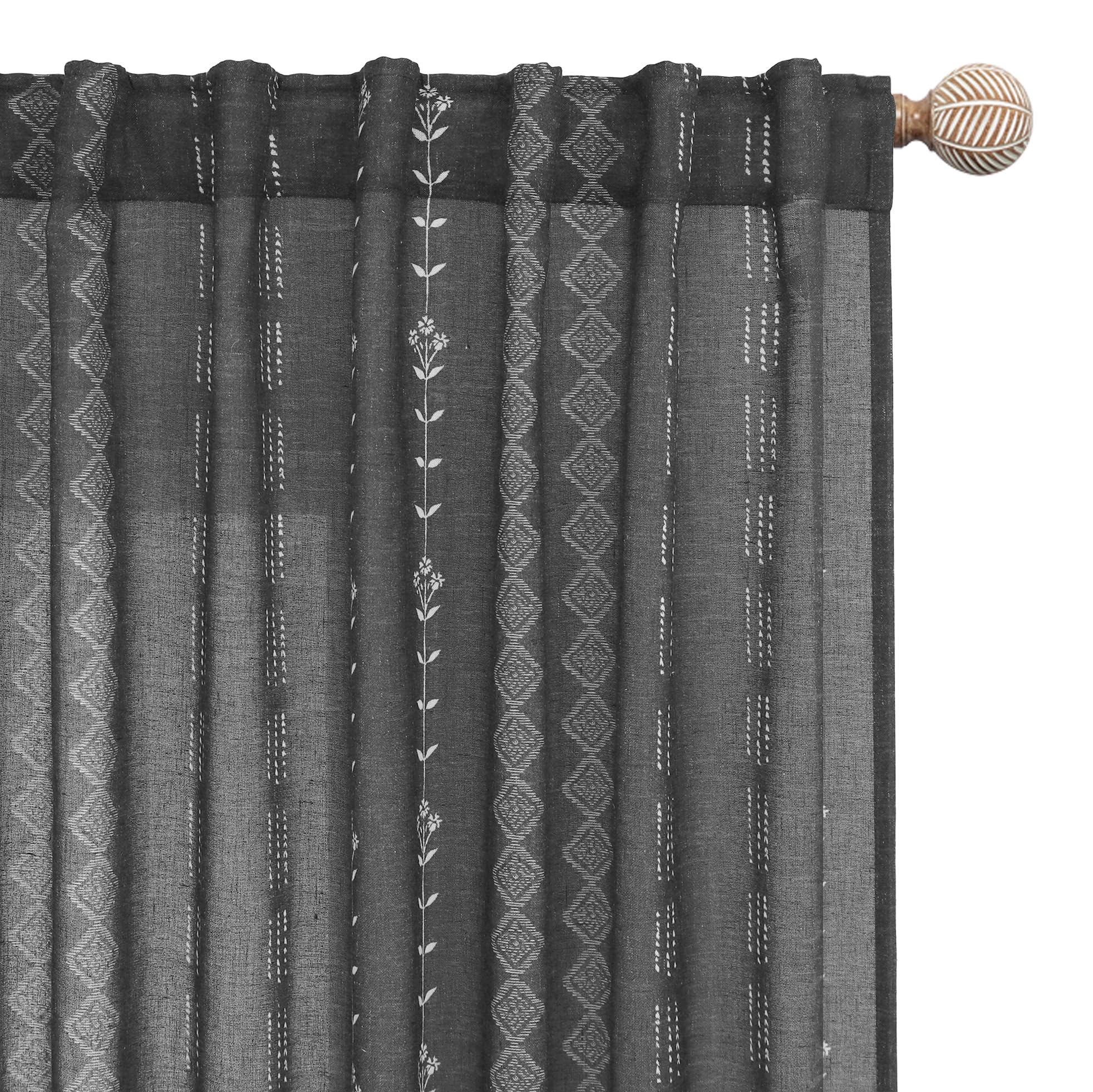 Linen Farmhouse Curtains for Living Room, Neutral Taupe Cream Light Filtering Boho Sheer Floral Patterned Curtains for Dining Room Bedroom 84 Inch Length 2 Panels Set