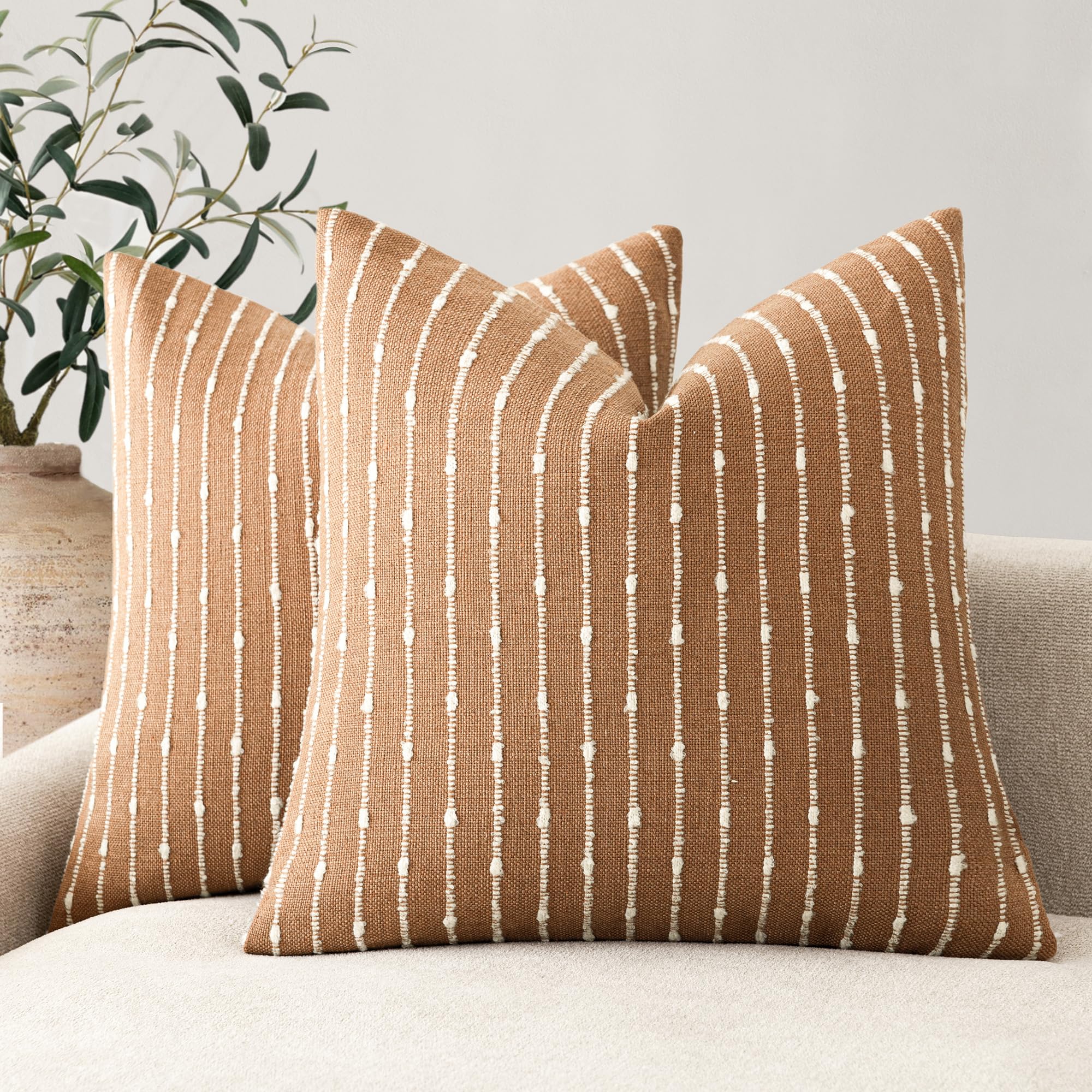 Foindtower Pack of 2 Decorative Jacquard Boucle Throw Pillow Covers Accent Textured Striped Pillowcases Soft Boho Modern Cushion for Couch Sofa Bedroom Living Room Home Decor 22x22 Inch Natural Beige