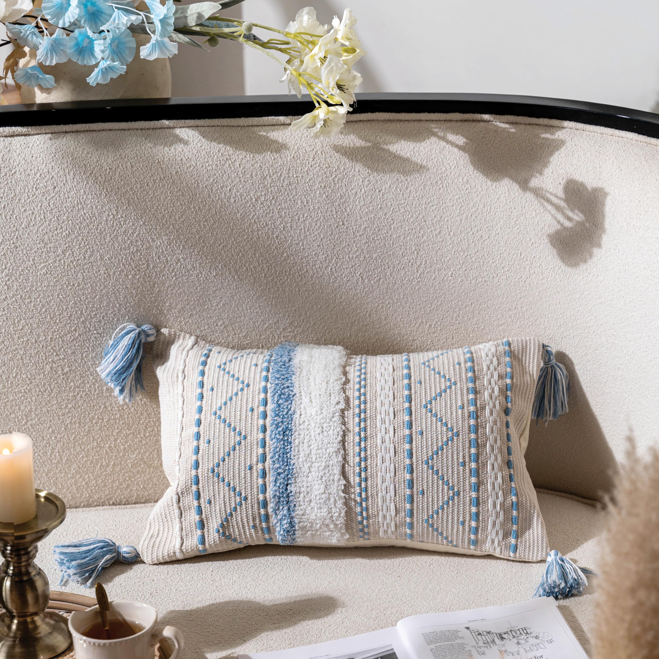BlissBlush Decorative Throw Pillow Covers 20x20 Combo Set of 2 Square Cream Neutral White Boho Accent Pillowcase Tassels Farmhouse Cushion for Couch Sofa Bedroom Living Room Home Décor Cover ONLY