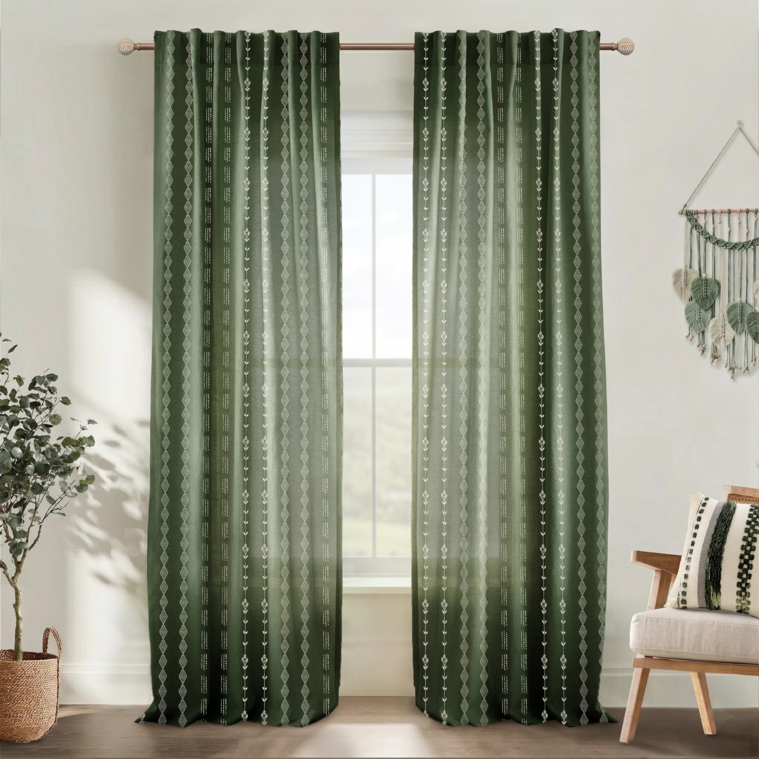 Linen Farmhouse Curtains for Living Room, Neutral Taupe Cream Light Filtering Boho Sheer Floral Patterned Curtains for Dining Room Bedroom 84 Inch Length 2 Panels Set