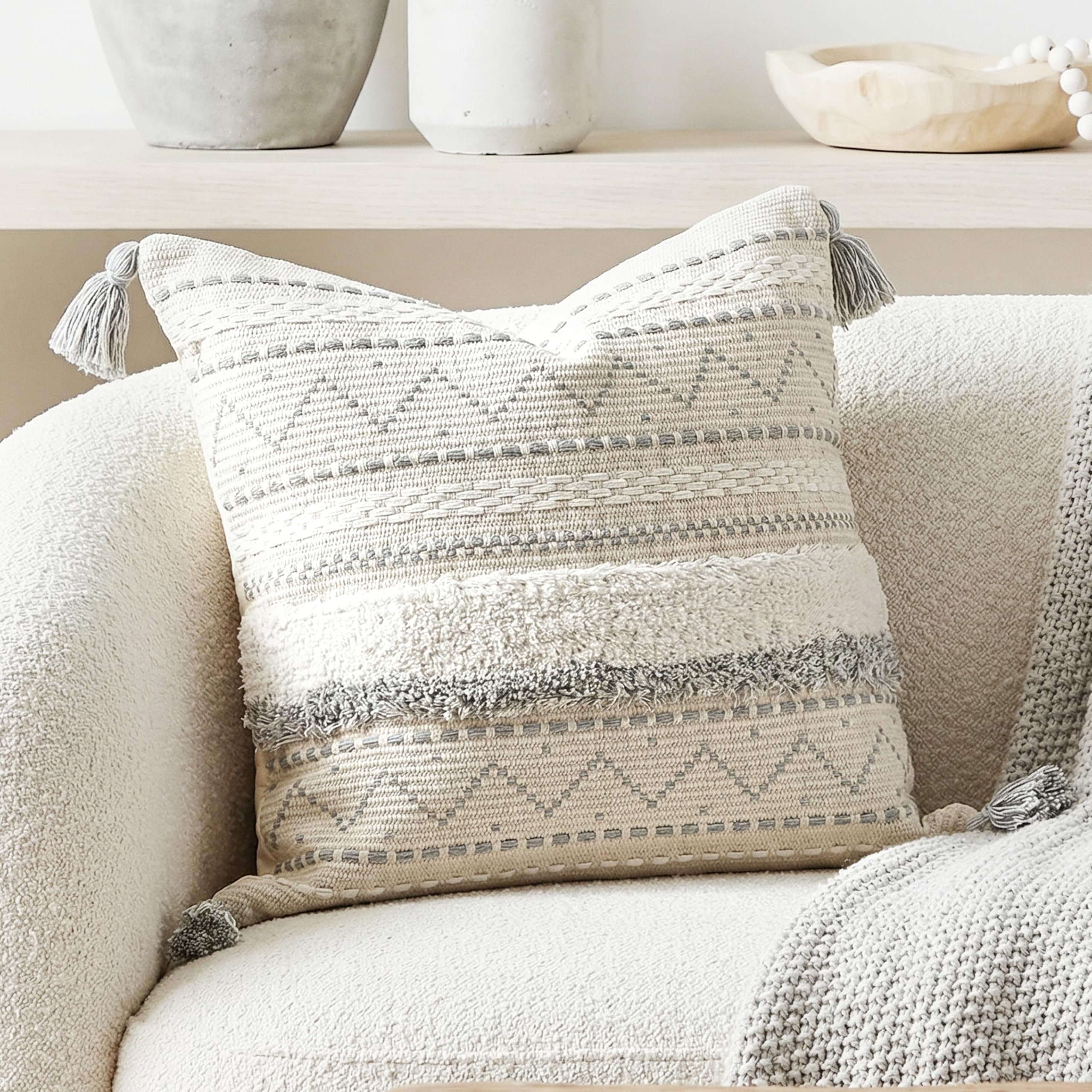 BlissBlush Decorative Throw Pillow Covers 20x20 Combo Set of 2 Square Cream Neutral White Boho Accent Pillowcase Tassels Farmhouse Cushion for Couch Sofa Bedroom Living Room Home Décor Cover ONLY
