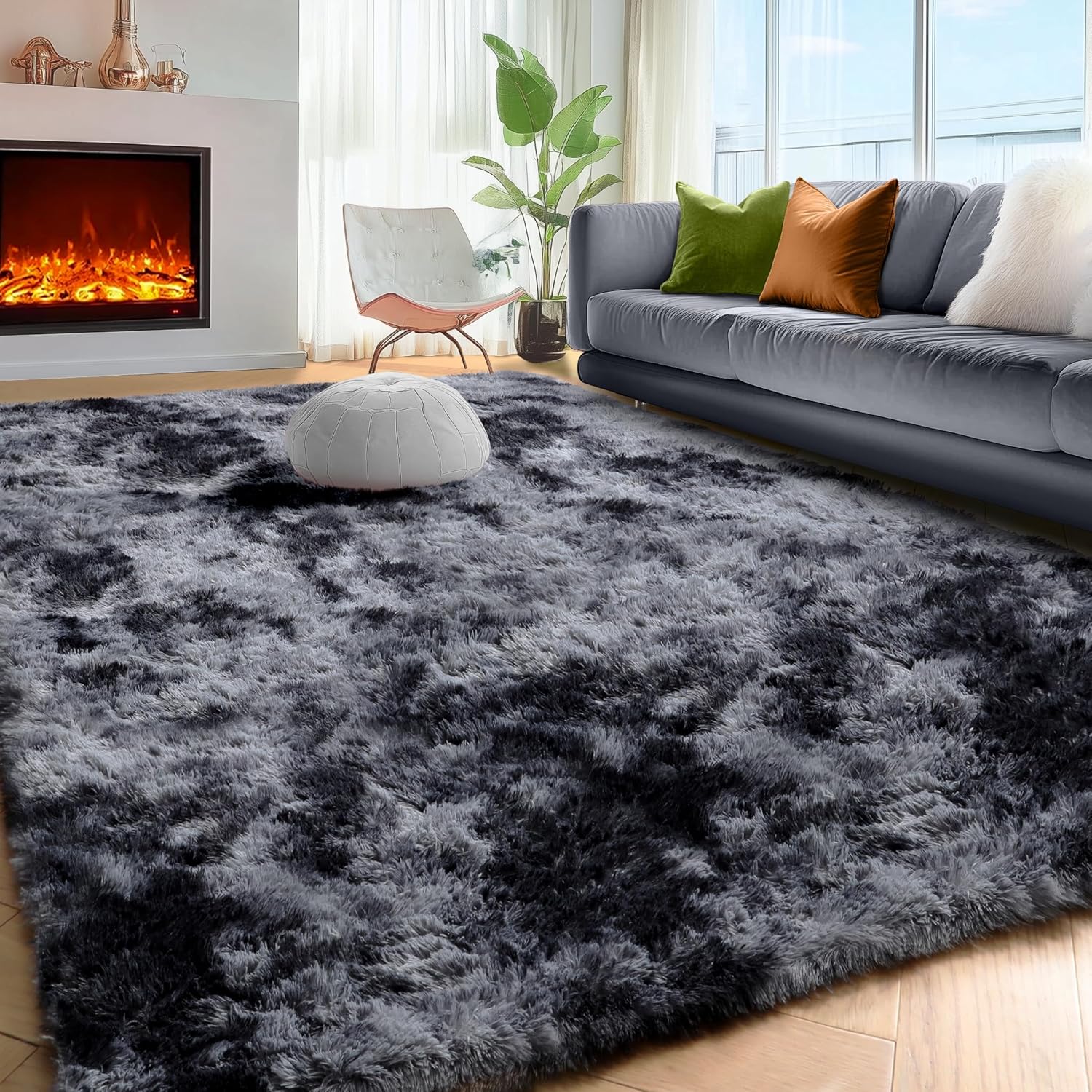 PAGISOFE Abstract Soft Shaggy Rugs for Living Room 5x8 Ft,Tie-Dyed Grey Fluffy Rugs for Kids Room Furry Carpets for Bedroom Room Decor Aesthetic Large Shag Carpet for Boys Girls Dorm Nursery