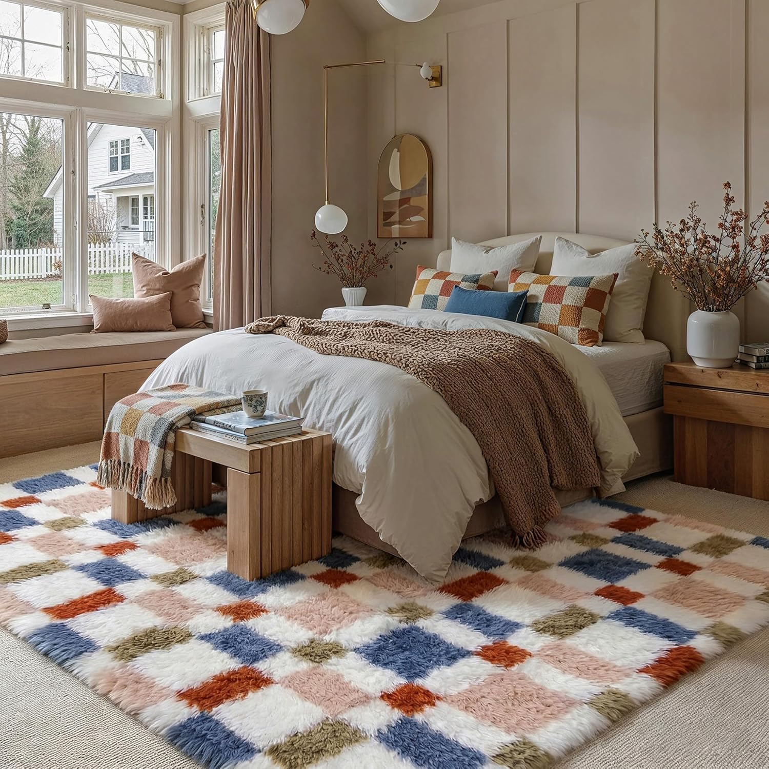 HUGEAR 8x10 Checkered Rug Coloful Living Room Modern Shag Rug Super Soft Washable Indoor Fuzzy Carpet Fluffy Vacuumable Rainbow Area Rugs for Bedroom Home Decor Non Slip