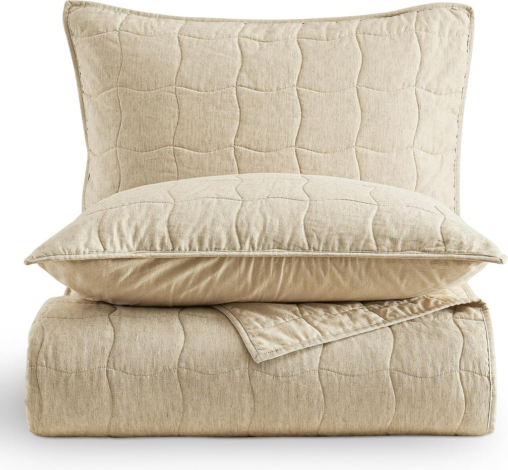 Wonderful Natural Linen Cotton Quilt - Skin-Friendly Breathable & Hypoallergenic Quilt Queen, 3 Piece Wavy Box Stitched Linen Bedding Set, All-Season Use Bedspread & Coverlet Bedding, 94"x94" | Safe Sleep