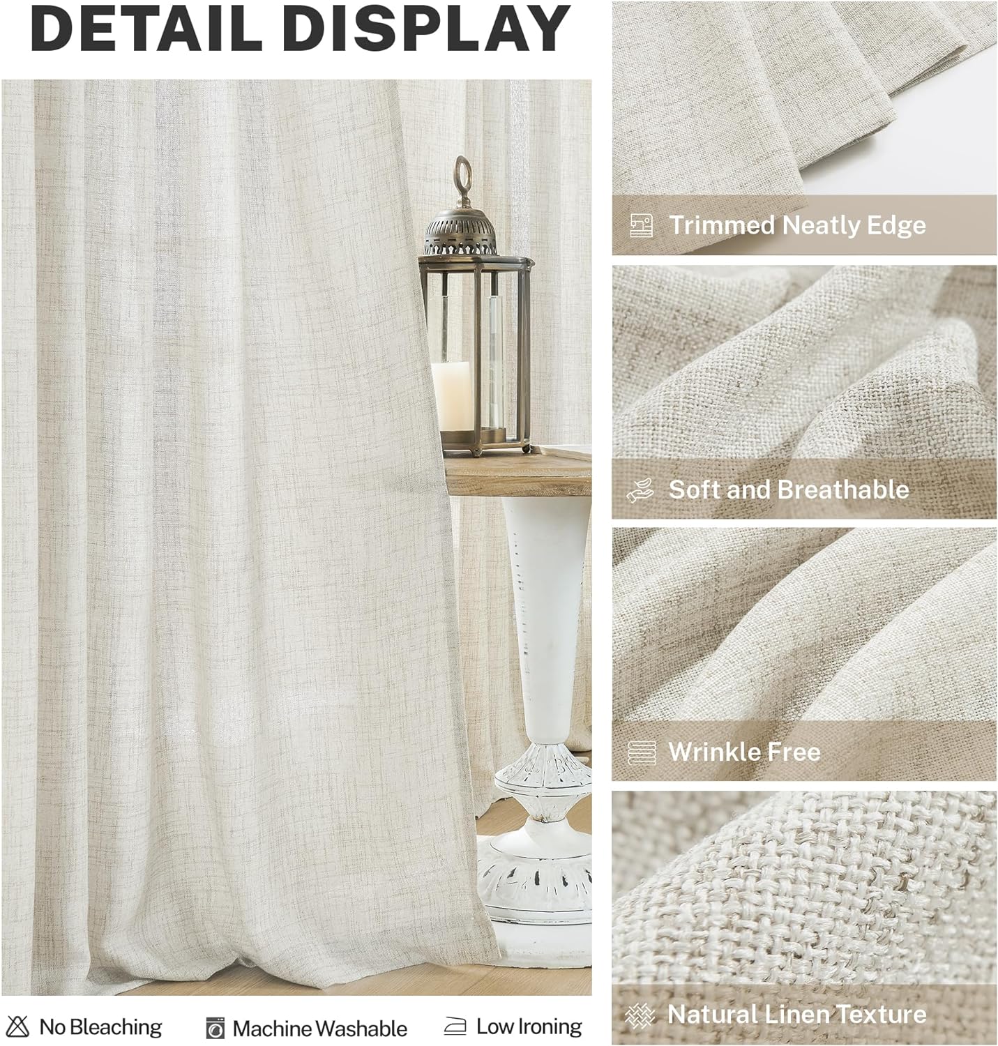 Natural Linen Back Tab Curtains 92 inch Long 2 Panels Set for Living Room Semi Sheer Light Filtering Window Drape Neutral Country Farmhouse Boho Curtains for Bedroom Cream Beige