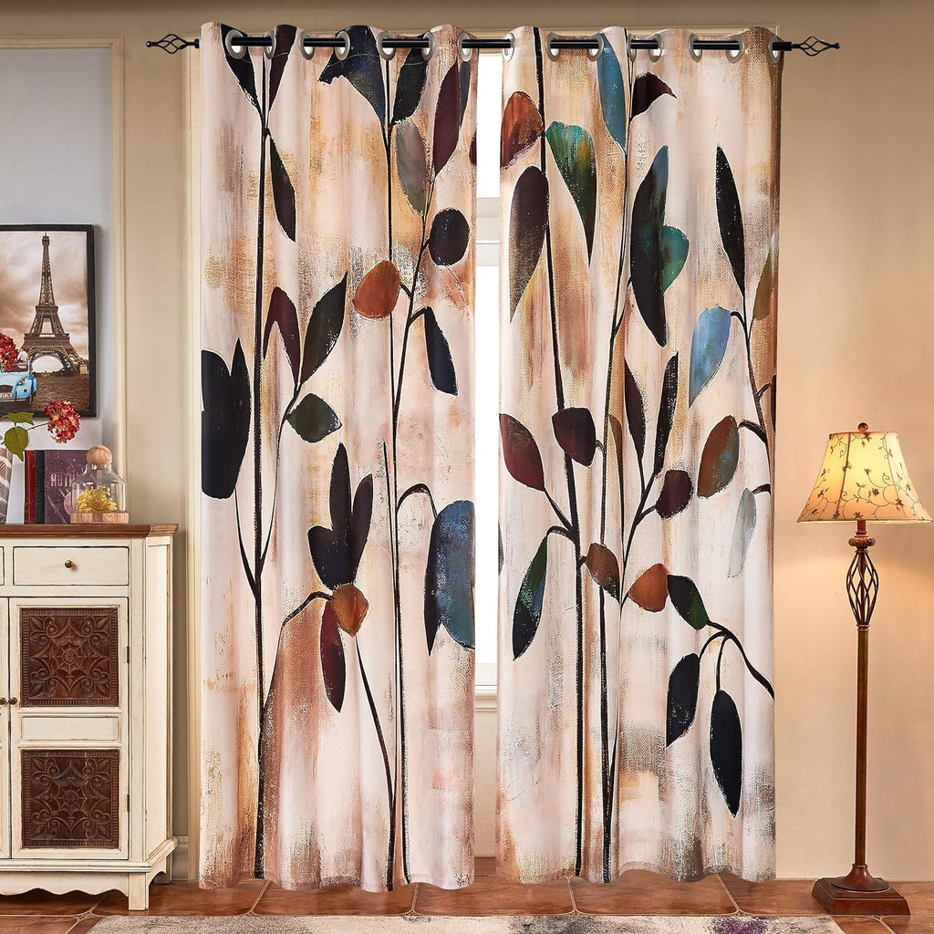 SUBRTEX Light Flitering Curtains 52Wx84L, Room Darkening Vibrant Floral Drapes, 50% Blackout, Semi Sheer Boho Farmhouse Curtains for Living Room, Brown