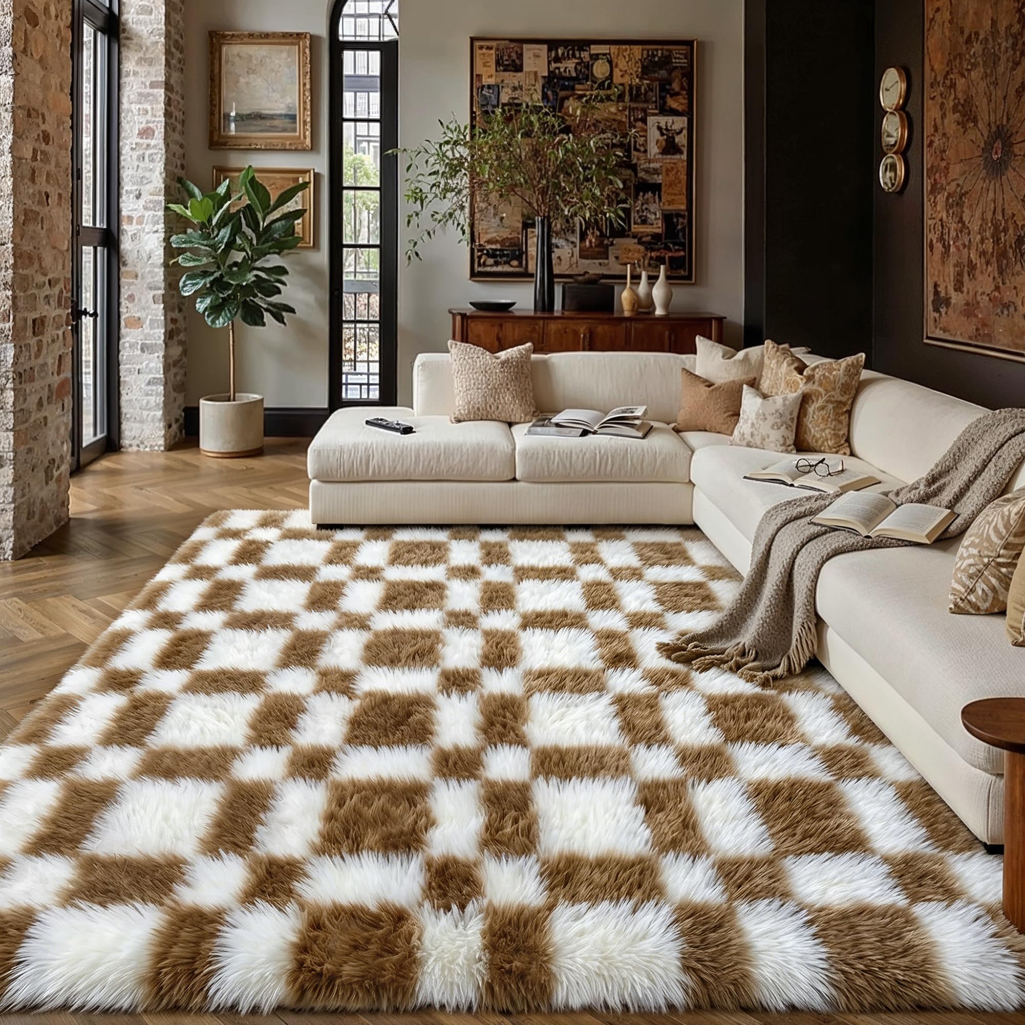 HUGEAR 8x10 Checkered Rug Coloful Living Room Modern Shag Rug Super Soft Washable Indoor Fuzzy Carpet Fluffy Vacuumable Rainbow Area Rugs for Bedroom Home Decor Non Slip