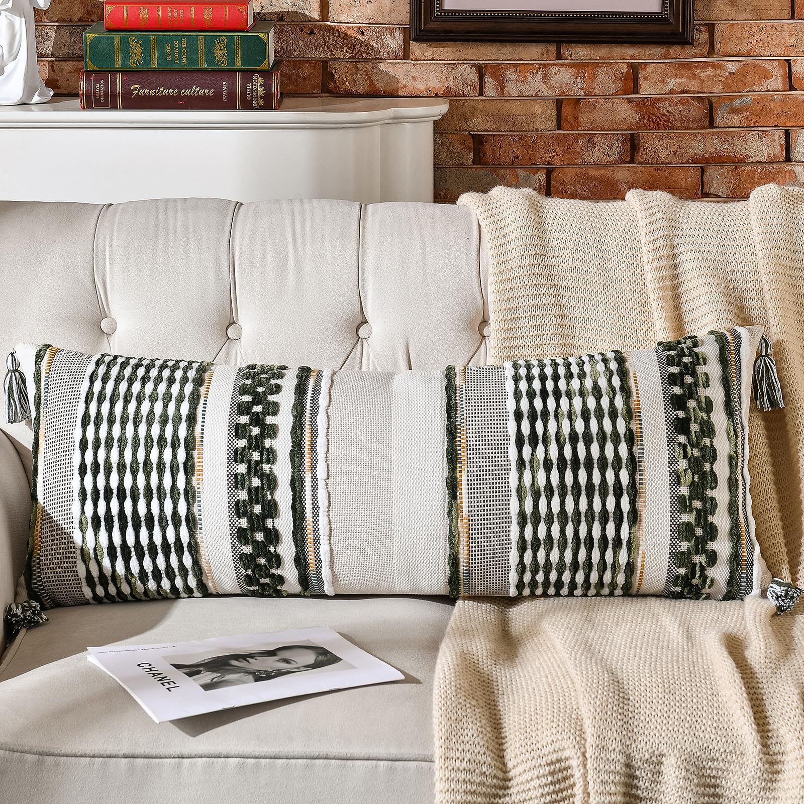AmHoo Set of 2 Chenille Striped Tufted Textured Boho Throw Pillow Covers Aesthetic with Tassels Woven Decorative Pillow Case for Couch Bed Sofa Bedroom Modern Funky 18 x 18-Inch Brown White