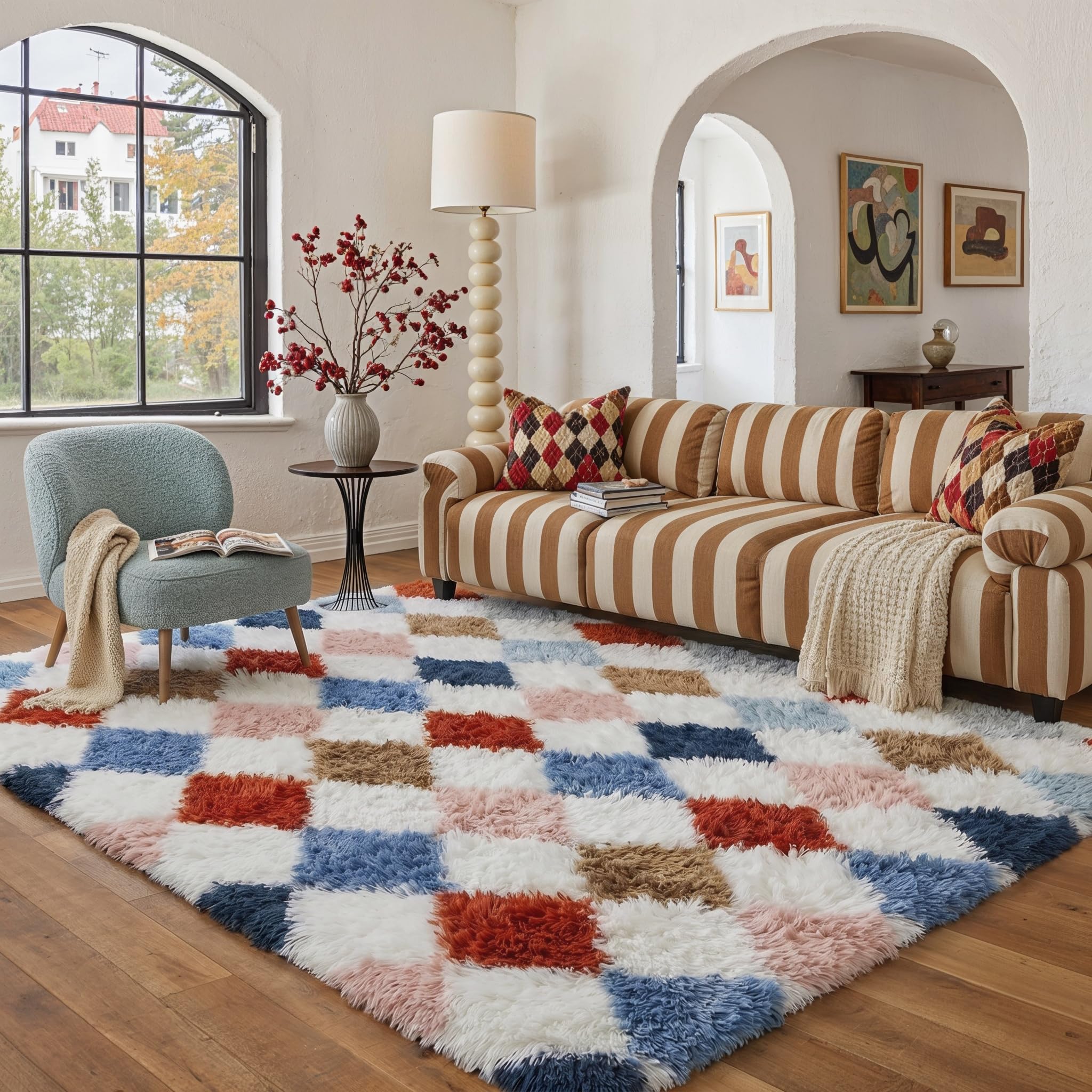 HUGEAR 8x10 Checkered Rug Coloful Living Room Modern Shag Rug Super Soft Washable Indoor Fuzzy Carpet Fluffy Vacuumable Rainbow Area Rugs for Bedroom Home Decor Non Slip