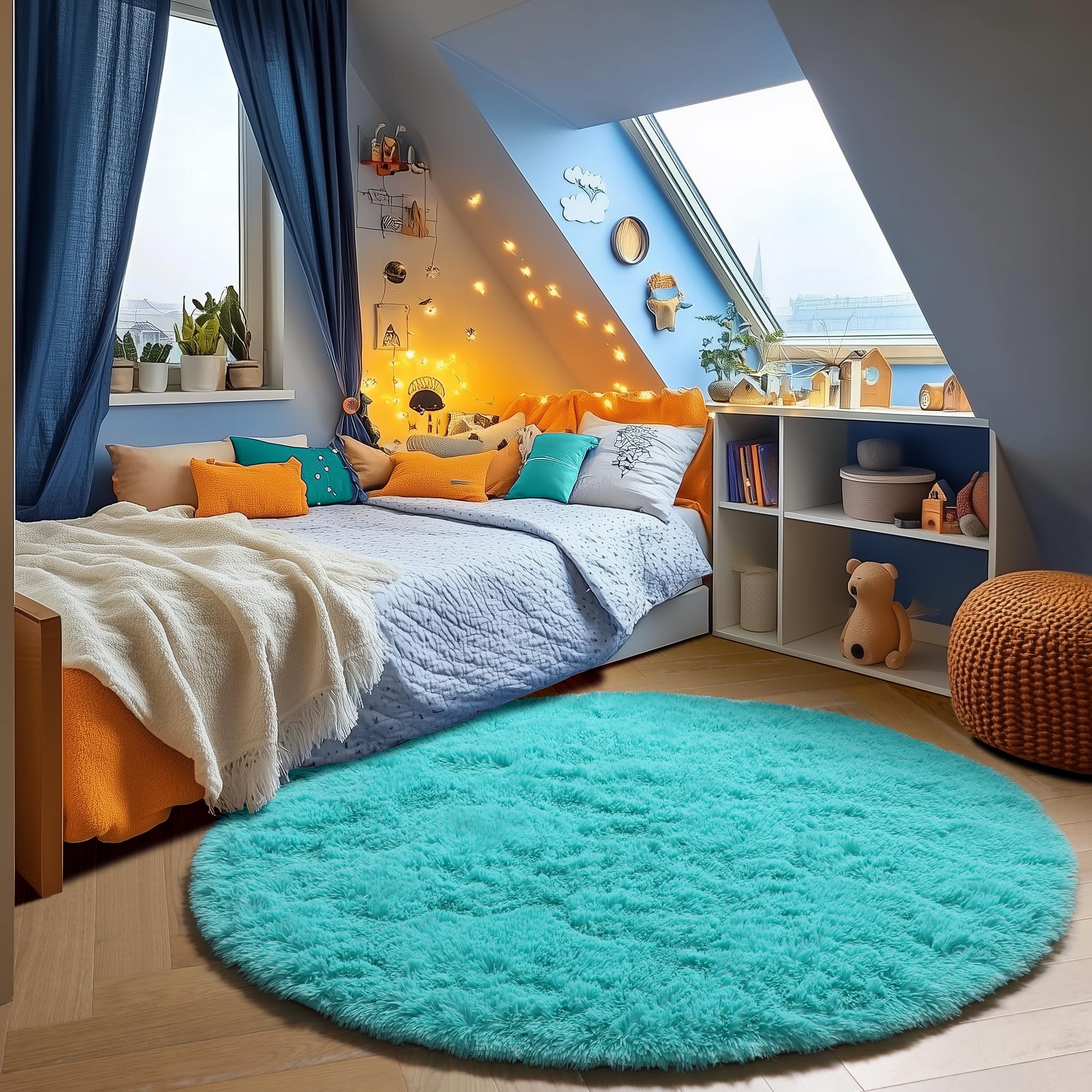 ONASAR Tie-Dyed Dark Grey Round Area Rugs 5ft, Ultra Soft Bedroom Circle Rug for Kids Girls Teen Room, Fluffy Plush Shaggy Carpet Floor Mats for Baby Nursery Living Room Playroom Home Decor