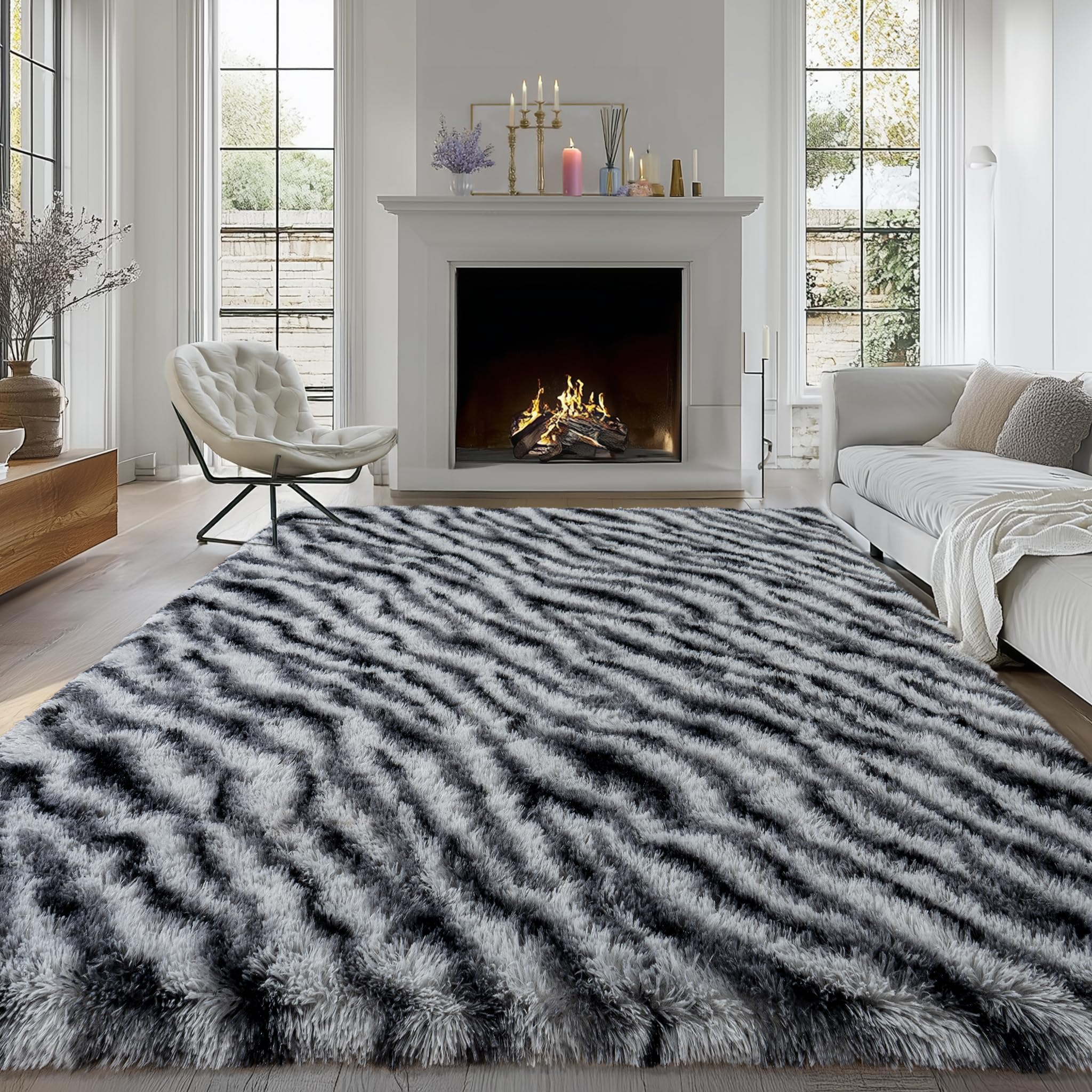 Fluffy Rugs for Living Room Bedroom, 5x7 Feet Abstract Blue Shag Area Rugs, Non-Slip Indoor Modern Fuzzy Plush Floor Carpet for Dorm Nursery Kids Room Decor, Soft Shaggy Throw Rug