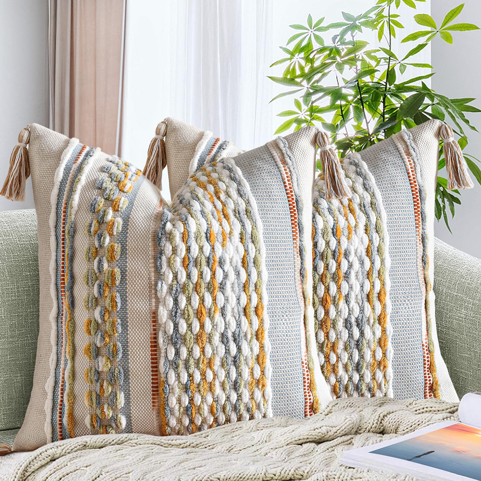 AmHoo Set of 2 Chenille Striped Tufted Textured Boho Throw Pillow Covers Aesthetic with Tassels Woven Decorative Pillow Case for Couch Bed Sofa Bedroom Modern Funky 18 x 18-Inch Brown White