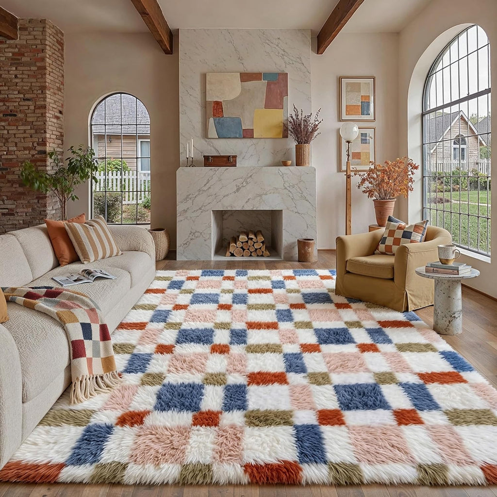 HUGEAR 8x10 Checkered Rug Coloful Living Room Modern Shag Rug Super Soft Washable Indoor Fuzzy Carpet Fluffy Vacuumable Rainbow Area Rugs for Bedroom Home Decor Non Slip
