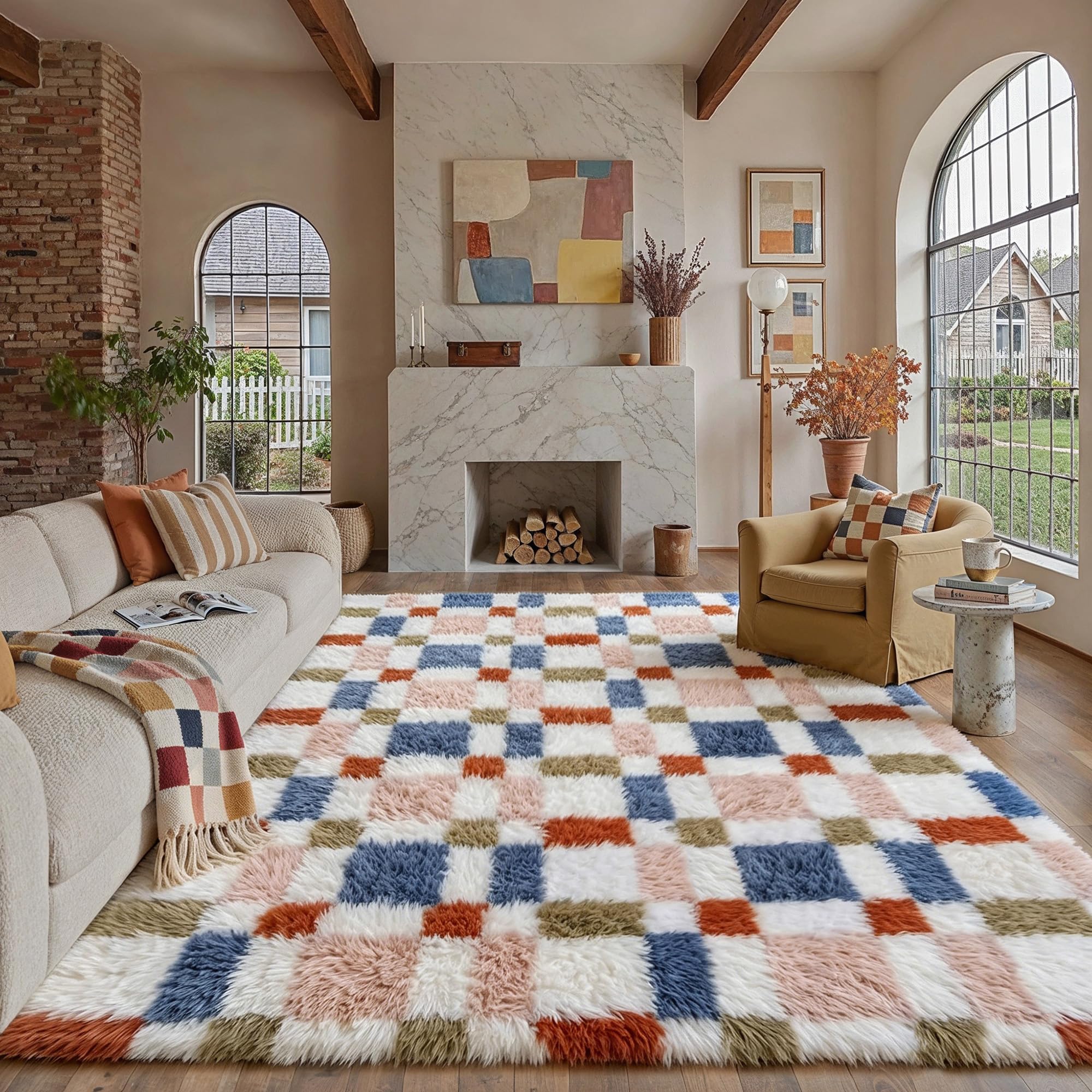 HUGEAR 8x10 Checkered Rug Coloful Living Room Modern Shag Rug Super Soft Washable Indoor Fuzzy Carpet Fluffy Vacuumable Rainbow Area Rugs for Bedroom Home Decor Non Slip