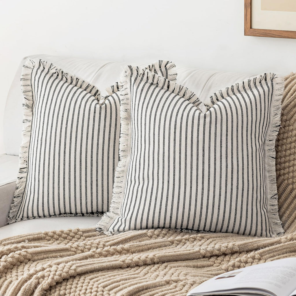 YEENAASY Throw Pillow Covers 22x22 Set of 2 Striped Fringe Pillow Cover Farmhouse Cushion Covers with Tassel Neutral Boho Pillows Decorative Square Pillowcase for Couch Sofa Bed, Blue