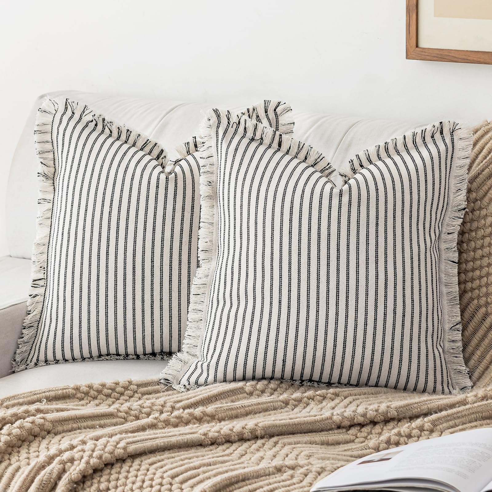 YEENAASY Throw Pillow Covers 22x22 Set of 2 Striped Fringe Pillow Cover Farmhouse Cushion Covers with Tassel Neutral Boho Pillows Decorative Square Pillowcase for Couch Sofa Bed, Blue