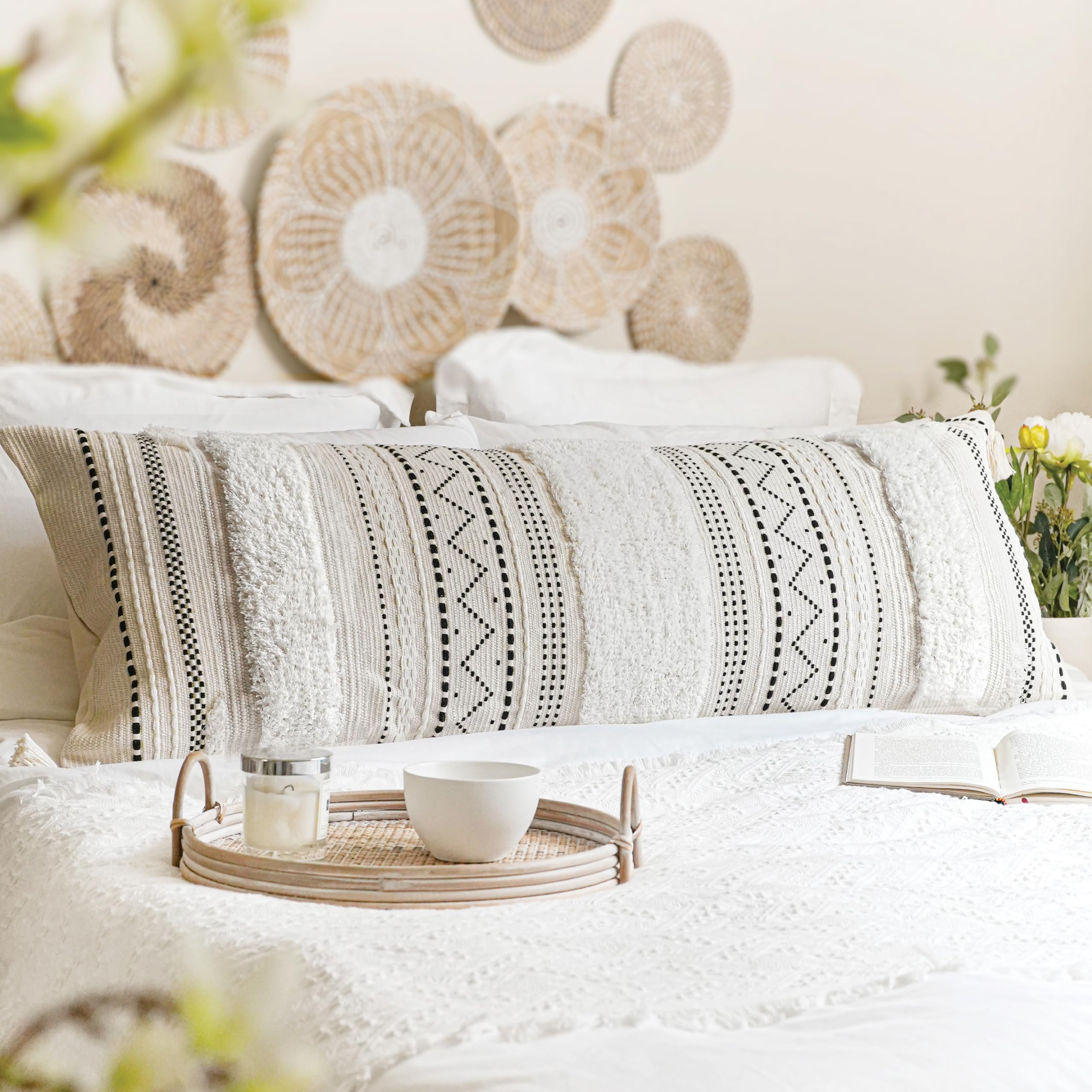 BlissBlush Decorative Throw Pillow Covers 18x18 Combo Set of 2 Square Boho Black Neutral Accent Pillowcase Tassels Farmhouse Cushion for Couch Sofa Bedroom Living Room Home Décor Cover ONLY